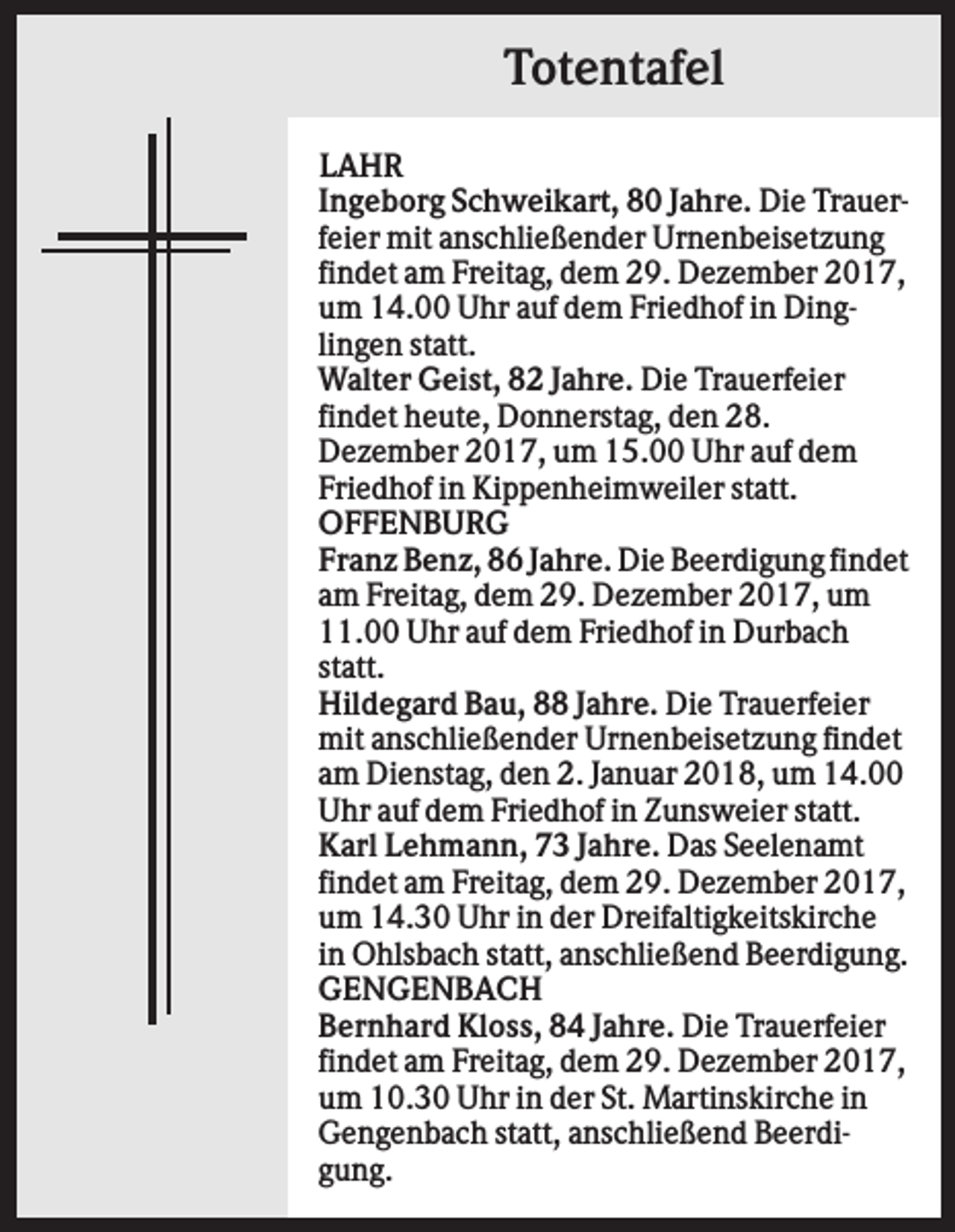 <p>Totentafel<br />LAHR<br />Ingeborg Schweikart, 80 Jahre. Die Trauerfeier mit anschließender Urnenbeisetzung<br />findet am Freitag, dem 29. Dezember 2017,<br />um 14.00 Uhr auf dem Friedhof in Dinglingen statt.<br />Walter Geist, 82 Jahre. Die Trauerfeier<br />findet heute, Donnerstag, den 28.<br />Dezember 2017, um 15.00 Uhr auf dem<br />Friedhof in Kippenheimweiler statt.<br />OFFENBURG<br />Franz Benz, 86 Jahre. Die Beerdigung findet<br />am Freitag, dem 29. Dezember 2017, um<br />11.00 Uhr auf dem Friedhof in Durbach<br />statt.<br />Hildegard Bau, 88 Jahre. Die Trauerfeier<br />mit anschließender Urnenbeisetzung findet<br />am Dienstag, den 2. Januar 2018, um 14.00<br />Uhr auf dem Friedhof in Zunsweier statt.<br />Karl Lehmann, 73 Jahre. Das Seelenamt<br />findet am Freitag, dem 29. Dezember 2017,<br />um 14.30 Uhr in der Dreifaltigkeitskirche<br />in Ohlsbach statt, anschließend Beerdigung.<br />GENGENBACH<br />Bernhard Kloss, 84 Jahre. Die Trauerfeier<br />findet am Freitag, dem 29. Dezember 2017,<br />um 10.30 Uhr in der St. Martinskirche in<br />Gengenbach statt, anschließend Beerdigung.</p>