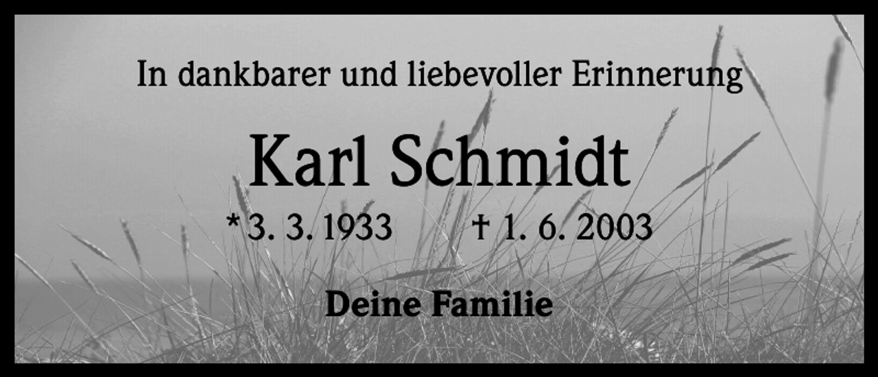 <p>In dankbarer und liebevoller Erinnerung</p><p>Karl Schmidt<br />* 3. 3. 1933 † 1. 6. 2003<br />Deine Familie</p>