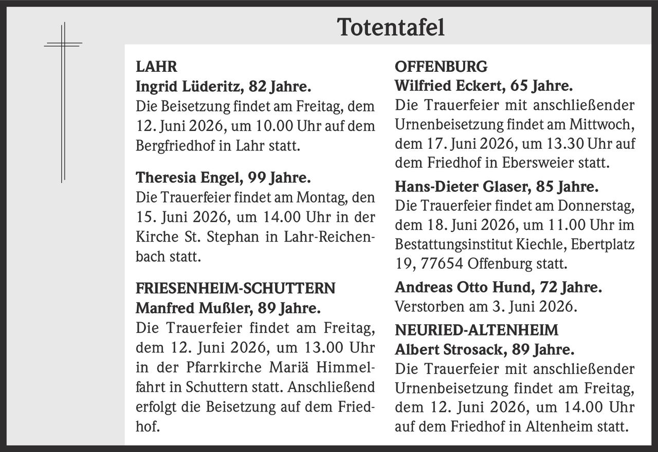 <p><strong>Totentafel</strong></p>

<p><strong>LAHR</strong></p>

<p><strong>Ingrid Lüderitz, 82 Jahre.</strong><br/>
Die Beisetzung findet am Freitag, dem 12. Juni 2026, um 10.00 Uhr auf dem Bergfriedhof in Lahr statt.</p>

<p><strong>Theresia Engel, 99 Jahre.</strong><br/>
Die Trauerfeier findet am Montag, den 15. Juni 2026, um 14.00 Uhr in der Kirche St. Stephan in Lahr-Reichenbach statt.</p>

<p><strong>FRIESENHEIM-SCHUTTERN</strong></p>

<p><strong>Manfred Mußler, 89 Jahre.</strong><br/>
Die Trauerfeier findet am Freitag, dem 12. Juni 2026, um 13.00 Uhr in der Pfarrkirche Mariä Himmelfahrt in Schuttern statt. Anschließend erfolgt die Beisetzung auf dem Friedhof.</p>

<p><strong>OFFENBURG</strong></p>

<p><strong>Wilfried Eckert, 65 Jahre.</strong><br/>
Die Trauerfeier mit anschließender Urnenbeisetzung findet am Mittwoch, dem 17. Juni 2026, um 13.30 Uhr auf dem Friedhof in Ebersweier statt.</p>

<p><strong>Hans-Dieter Glaser, 85 Jahre.</strong><br/>
Die Trauerfeier findet am Donnerstag, dem 18. Juni 2026, um 11.00 Uhr im Bestattungsinstitut Kiechle, Ebertplatz 19, 77654 Offenburg statt.</p>

<p><strong>Andreas Otto Hund, 72 Jahre.</strong><br/>
Verstorben am 3. Juni 2026.</p>

<p><strong>NEURIED-ALTENHEIM</strong></p>

<p><strong>Albert Strosack, 89 Jahre.</strong><br/>
Die Trauerfeier mit anschließender Urnenbeisetzung findet am Freitag, dem 12. Juni 2026, um 14.00 Uhr auf dem Friedhof in Altenheim statt.</p>
