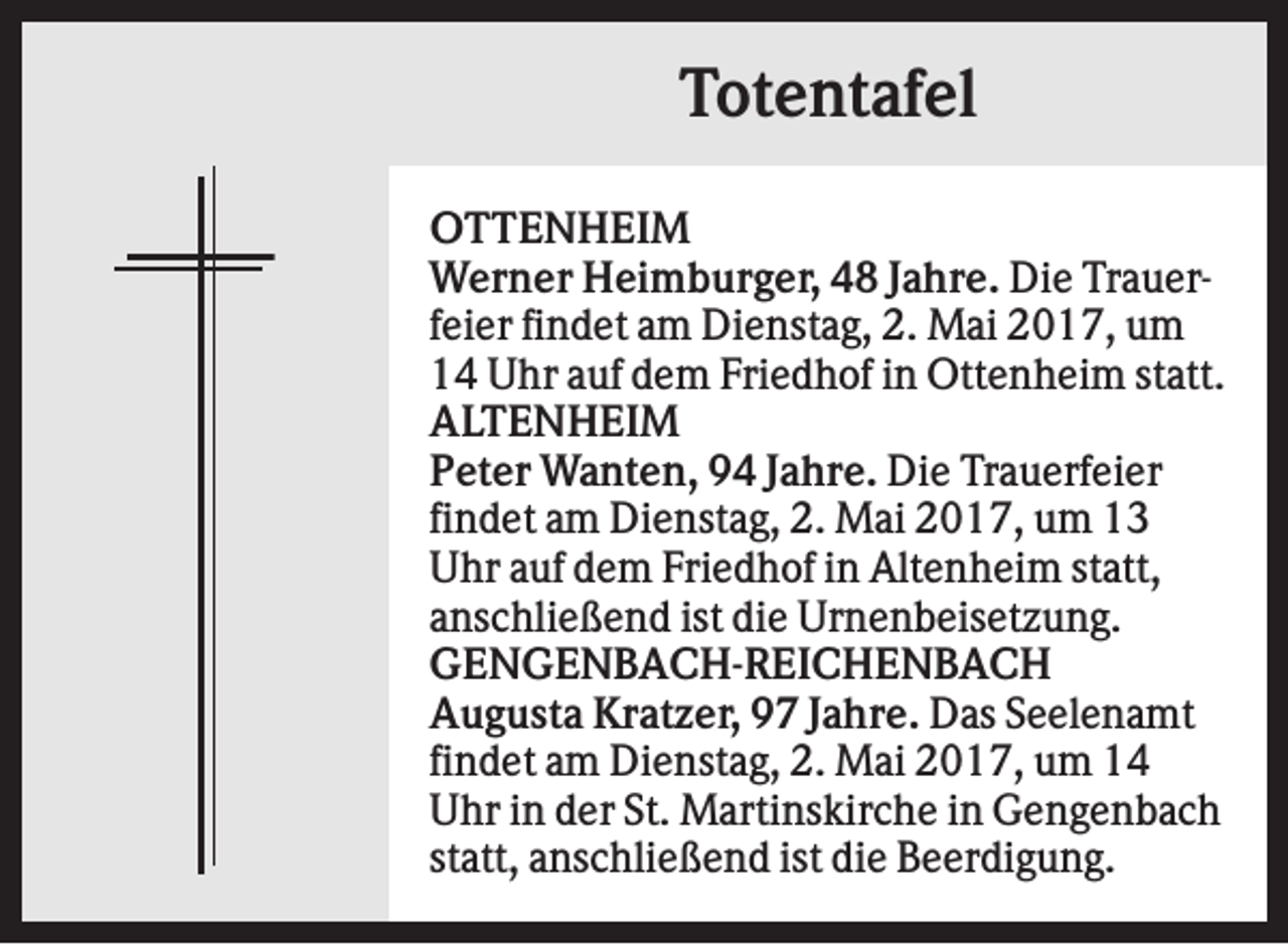 <p>Totentafel<br />OTTENHEIM<br />Werner Heimburger, 48 Jahre. Die Trauerfeier findet am Dienstag, 2. Mai 2017, um<br />14 Uhr auf dem Friedhof in Ottenheim statt.<br />ALTENHEIM<br />Peter Wanten, 94 Jahre. Die Trauerfeier<br />findet am Dienstag, 2. Mai 2017, um 13<br />Uhr auf dem Friedhof in Altenheim statt,<br />anschließend ist die Urnenbeisetzung.<br />GENGENBACH-REICHENBACH<br />Augusta Kratzer, 97 Jahre. Das Seelenamt<br />findet am Dienstag, 2. Mai 2017, um 14<br />Uhr in der St. Martinskirche in Gengenbach<br />statt, anschließend ist die Beerdigung.</p>