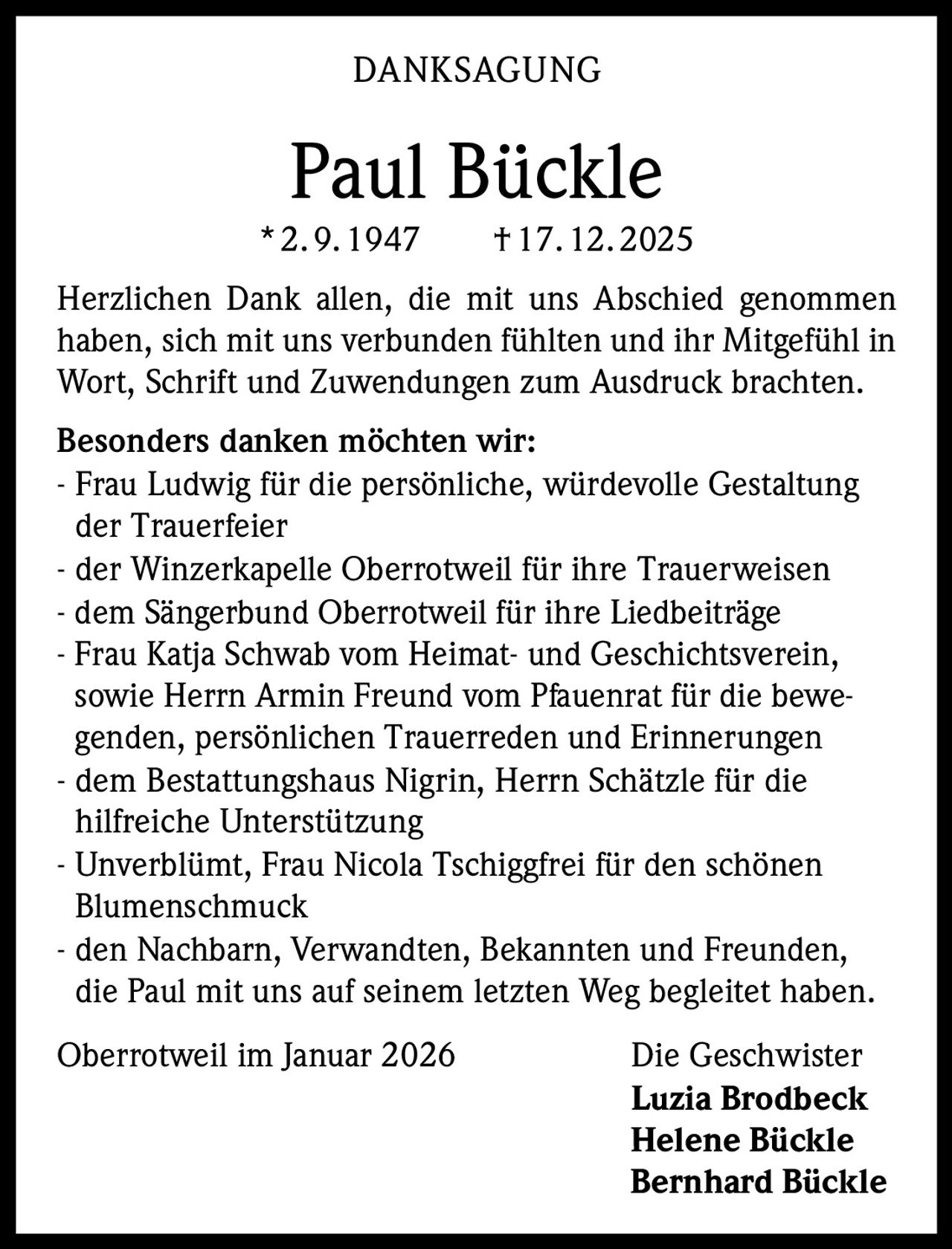 Paul Bückle | Traueranzeigen, Nachrufe & Danksagungen auf BZtrauer.de
