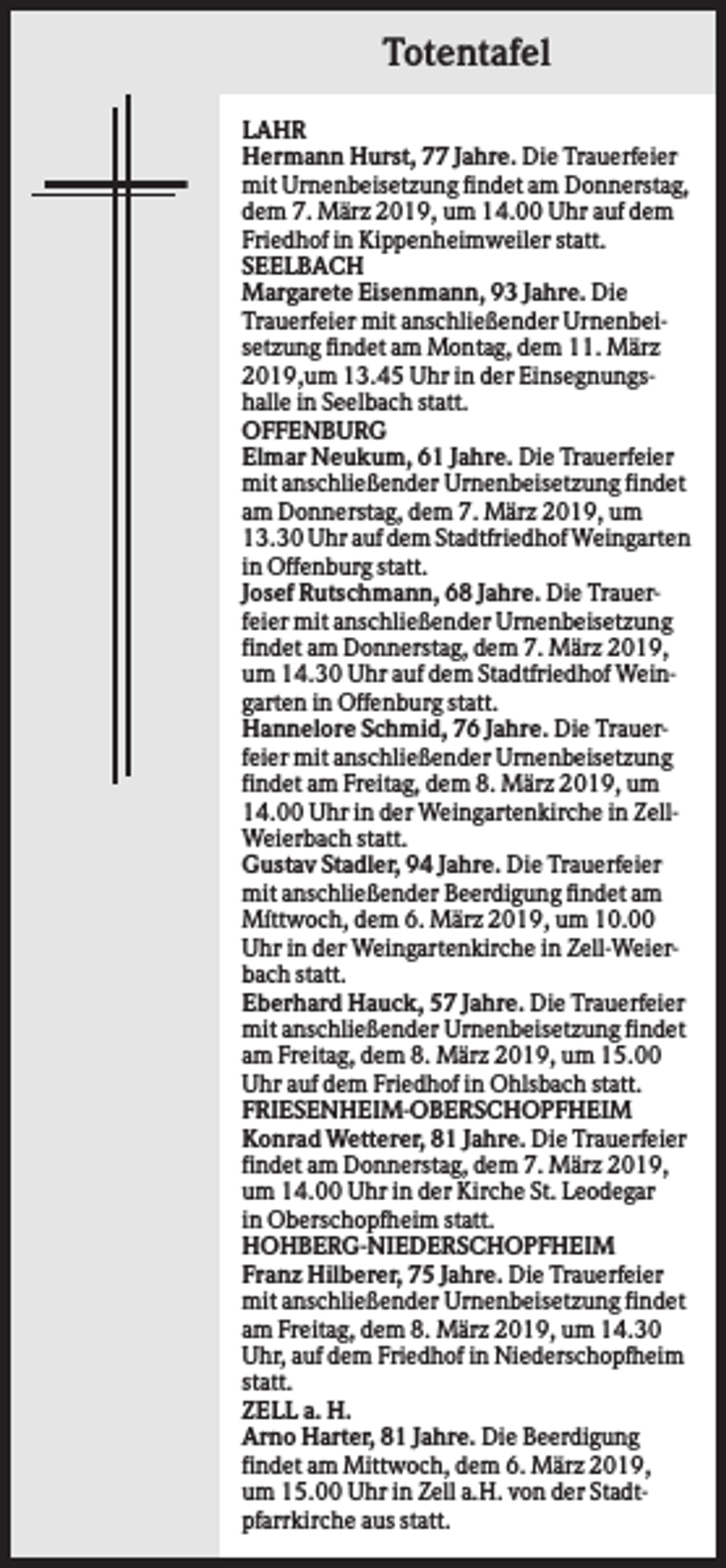 <p>Totentafel<br />LAHR<br />Hermann Hurst, 77 Jahre. Die Trauerfeier<br />mit Urnenbeisetzung findet am Donnerstag,<br />dem 7. März 2019, um 14.00 Uhr auf dem<br />Friedhof in Kippenheimweiler statt.<br />SEELBACH<br />Margarete Eisenmann, 93 Jahre. Die<br />Trauerfeier mit anschließender Urnenbeisetzung findet am Montag, dem 11. März<br />2019,um 13.45 Uhr in der Einsegnungshalle in Seelbach statt.<br />OFFENBURG<br />Elmar Neukum, 61 Jahre. Die Trauerfeier<br />mit anschließender Urnenbeisetzung findet<br />am Donnerstag, dem 7. März 2019, um<br />13.30 Uhr auf dem Stadtfriedhof Weingarten<br />in Offenburg statt.<br />Josef Rutschmann, 68 Jahre. Die Trauerfeier mit anschließender Urnenbeisetzung<br />findet am Donnerstag, dem 7. März 2019,<br />um 14.30 Uhr auf dem Stadtfriedhof Weingarten in Offenburg statt.<br />Hannelore Schmid, 76 Jahre. Die Trauerfeier mit anschließender Urnenbeisetzung<br />findet am Freitag, dem 8. März 2019, um<br />14.00 Uhr in der Weingartenkirche in ZellWeierbach statt.<br />Gustav Stadler, 94 Jahre. Die Trauerfeier<br />mit anschließender Beerdigung findet am<br />Míttwoch, dem 6. März 2019, um 10.00<br />Uhr in der Weingartenkirche in Zell-Weierbach statt.<br />Eberhard Hauck, 57 Jahre. Die Trauerfeier<br />mit anschließender Urnenbeisetzung findet<br />am Freitag, dem 8. März 2019, um 15.00<br />Uhr auf dem Friedhof in Ohlsbach statt.<br />FRIESENHEIM-OBERSCHOPFHEIM<br />Konrad Wetterer, 81 Jahre. Die Trauerfeier<br />findet am Donnerstag, dem 7. März 2019,<br />um 14.00 Uhr in der Kirche St. Leodegar<br />in Oberschopfheim statt.<br />HOHBERG-NIEDERSCHOPFHEIM<br />Franz Hilberer, 75 Jahre. Die Trauerfeier<br />mit anschließender Urnenbeisetzung findet<br />am Freitag, dem 8. März 2019, um 14.30<br />Uhr, auf dem Friedhof in Niederschopfheim<br />statt.<br />ZELL a. H.<br />Arno Harter, 81 Jahre. Die Beerdigung<br />findet am Mittwoch, dem 6. März 2019,<br />um 15.00 Uhr in Zell a.H. von der Stadtpfarrkirche aus statt.</p>