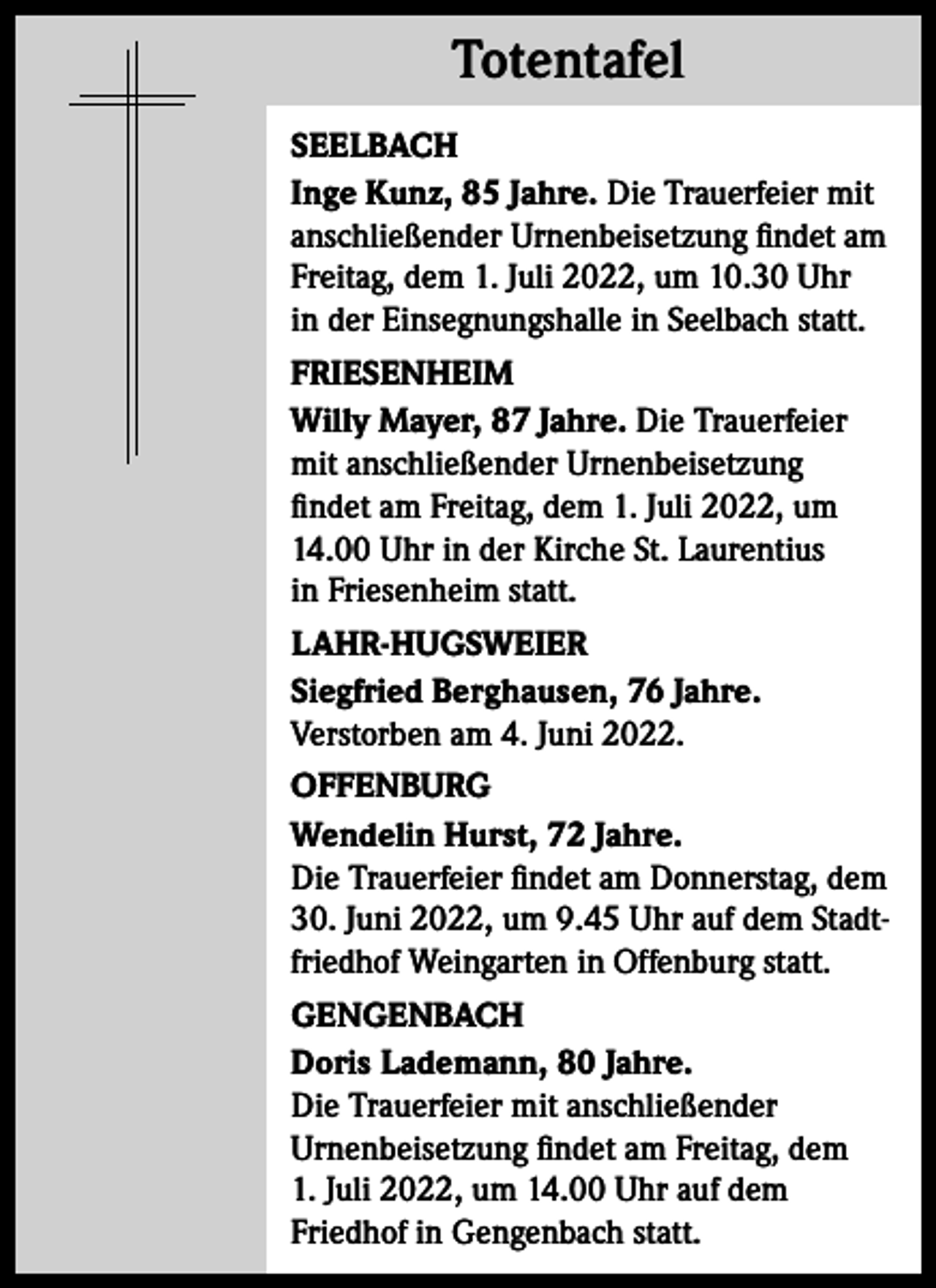 <p>Totentafel<br />Totentafel<br />SEELBACH<br />Inge Kunz, 85 Jahre. Die Trauerfeier mit<br />anschließender Urnenbeisetzung findet am<br />Freitag, dem 1. Juli 2022, um 10.30 Uhr<br />in der Einsegnungshalle in Seelbach statt.<br />FRIESENHEIM<br />Willy Mayer, 87 Jahre. Die Trauerfeier<br />mit anschließender Urnenbeisetzung<br />findet am Freitag, dem 1. Juli 2022, um<br />14.00 Uhr in der Kirche St. Laurentius<br />in Friesenheim statt.<br />LAHR-HUGSWEIER<br />Siegfried Berghausen, 76 Jahre.<br />Verstorben am 4. Juni 2022.<br />OFFENBURG<br />Wendelin Hurst, 72 Jahre.<br />Die Trauerfeier findet am Donnerstag, dem<br />30. Juni 2022, um 9.45 Uhr auf dem Stadtfriedhof Weingarten in Offenburg statt.<br />GENGENBACH<br />Doris Lademann, 80 Jahre.<br />Die Trauerfeier mit anschließender<br />Urnenbeisetzung findet am Freitag, dem<br />1. Juli 2022, um 14.00 Uhr auf dem<br />Friedhof in Gengenbach statt.</p>