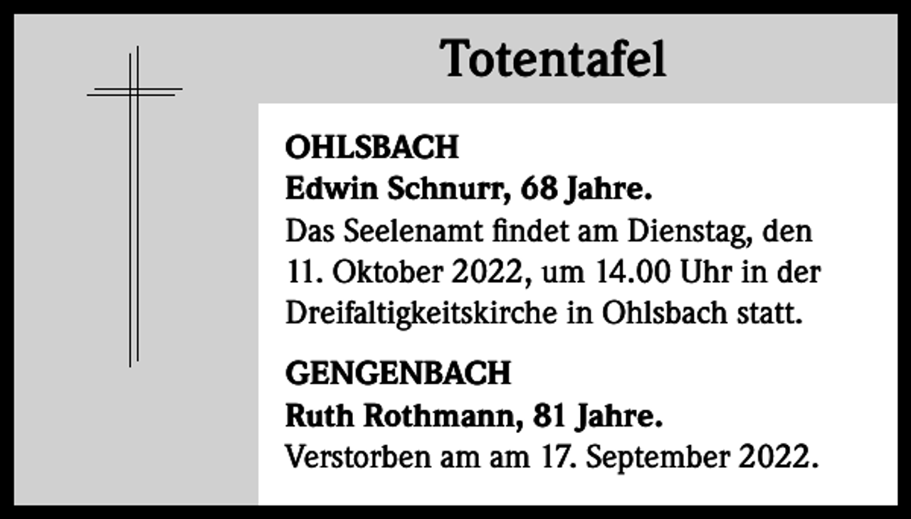 <p>Totentafel<br />Totentafel<br />OHLSBACH<br />Edwin Schnurr, 68 Jahre.<br />Das Seelenamt findet am Dienstag, den<br />11. Oktober 2022, um 14.00 Uhr in der<br />Dreifaltigkeitskirche in Ohlsbach statt.<br />GENGENBACH<br />Ruth Rothmann, 81 Jahre.<br />Verstorben am am 17. September 2022.</p>