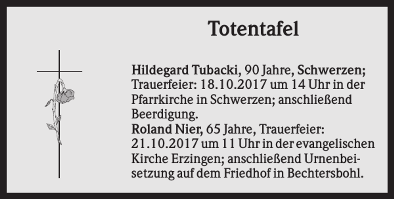 <p>Totentafel<br />Hildegard Tubacki, 90 Jahre, Schwerzen;<br />Trauerfeier: 18.10.2017 um 14 Uhr in der<br />Pfarrkirche in Schwerzen; anschließend<br />Beerdigung.<br />Roland Nier, 65 Jahre, Trauerfeier:<br />21.10.2017 um 11 Uhr in der evangelischen<br />Kirche Erzingen; anschließend Urnenbeisetzung auf dem Friedhof in Bechtersbohl.</p>