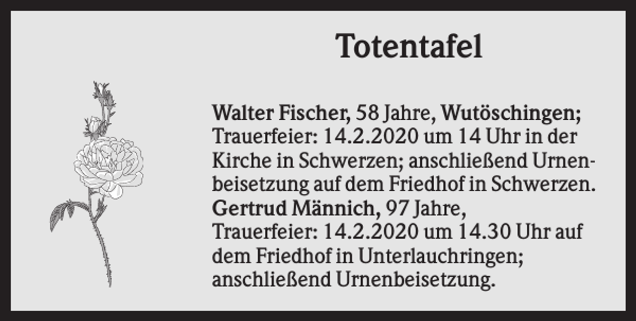 <p>Totentafel<br />Walter Fischer, 58 Jahre, Wutöschingen;<br />Trauerfeier: 14.2.2020 um 14 Uhr in der<br />Kirche in Schwerzen; anschließend Urnenbeisetzung auf dem Friedhof in Schwerzen.<br />Gertrud Männich, 97 Jahre,<br />Trauerfeier: 14.2.2020 um 14.30 Uhr auf<br />dem Friedhof in Unterlauchringen;<br />anschließend Urnenbeisetzung.</p>