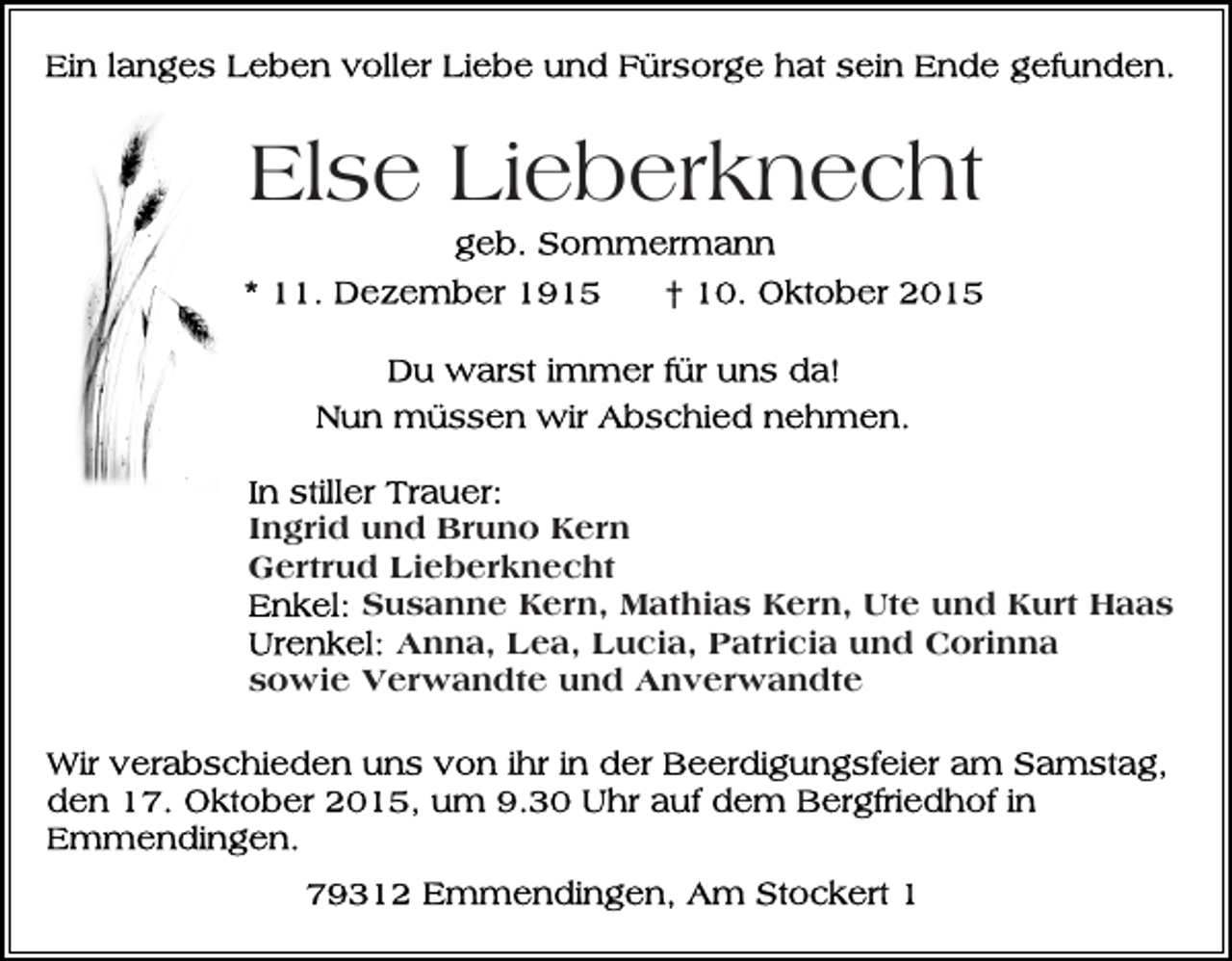 <p>Else Lieberknecht</p><p>Ingrid und Bruno Kern<br />Gertrud Lieberknecht<br />Susanne Kern, Mathias Kern, Ute und Kurt Haas<br />Anna, Lea, Lucia, Patricia und Corinna<br />sowie Verwandte und Anverwandte</p>