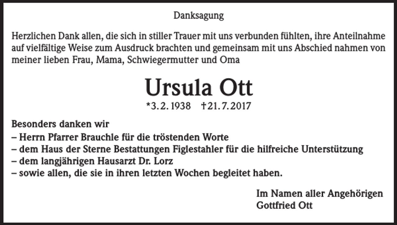 <p>Danksagung<br />Herzlichen Dank allen, die sich in stiller Trauer mit uns verbunden fühlten, ihre Anteilnahme<br />auf vielfältige Weise zum Ausdruck brachten und gemeinsam mit uns Abschied nahmen von<br />meiner lieben Frau, Mama, Schwiegermutter und Oma</p><p>Ursula Ott<br />*3. 2. 1938 † 21. 7. 2017</p><p>Besonders danken wir<br />– Herrn Pfarrer Brauchle für die tröstenden Worte<br />– dem Haus der Sterne Bestattungen Figlestahler für die hilfreiche Unterstützung<br />– dem langjährigen Hausarzt Dr. Lorz<br />– sowie allen, die sie in ihren letzten Wochen begleitet haben.<br />Im Namen aller Angehörigen<br />Gottfried Ott</p>