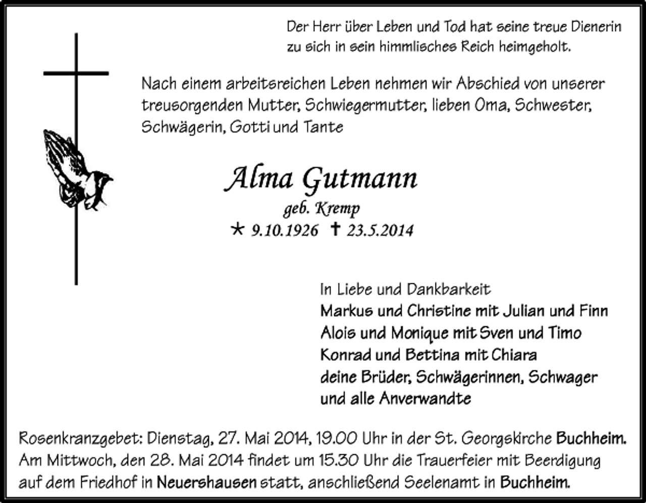 <p>Alma Gutmann<br />geb. Kremp<br /> 9.10.1926  23.5.2014</p>