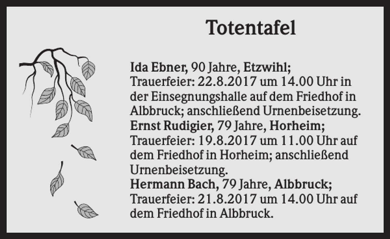 <p>Totentafel<br />Ida Ebner, 90 Jahre, Etzwihl;<br />Trauerfeier: 22.8.2017 um 14.00 Uhr in<br />der Einsegnungshalle auf dem Friedhof in<br />Albbruck; anschließend Urnenbeisetzung.<br />Ernst Rudigier, 79 Jahre, Horheim;<br />Trauerfeier: 19.8.2017 um 11.00 Uhr auf<br />dem Friedhof in Horheim; anschließend<br />Urnenbeisetzung.<br />Hermann Bach, 79 Jahre, Albbruck;<br />Trauerfeier: 21.8.2017 um 14.00 Uhr auf<br />dem Friedhof in Albbruck.</p>
