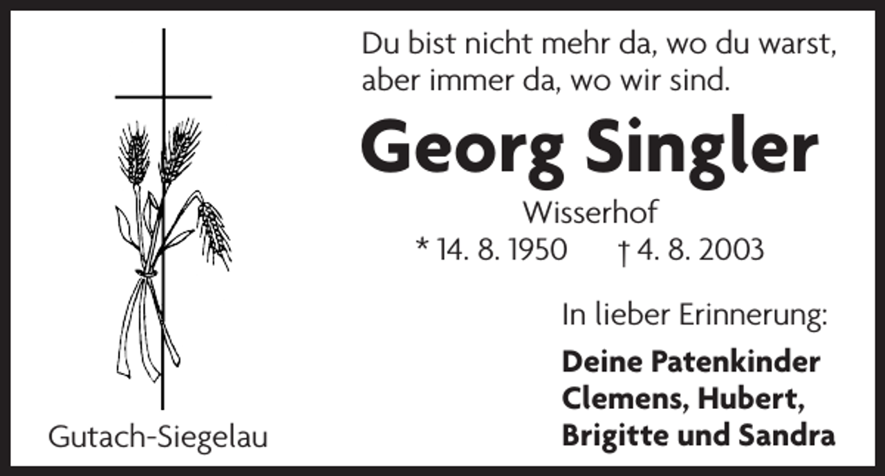 <p>Du bist nicht mehr da, wo du warst,<br />aber immer da, wo wir sind.</p><p>Georg Singler<br />Wisserhof<br />* 14. 8. 1950 † 4. 8. 2003</p><p>Gutach-Siegelau</p><p>In lieber Erinnerung:<br />Deine Patenkinder<br />Clemens, Hubert,<br />Brigitte und Sandra</p>