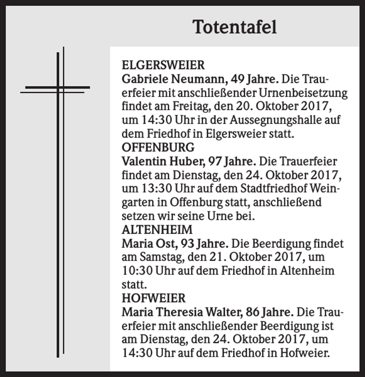 <p>Totentafel<br />ELGERSWEIER<br />Gabriele Neumann, 49 Jahre. Die Trauerfeier mit anschließender Urnenbeisetzung<br />findet am Freitag, den 20. Oktober 2017,<br />um 14:30 Uhr in der Aussegnungshalle auf<br />dem Friedhof in Elgersweier statt.<br />OFFENBURG<br />Valentin Huber, 97 Jahre. Die Trauerfeier<br />findet am Dienstag, den 24. Oktober 2017,<br />um 13:30 Uhr auf dem Stadtfriedhof Weingarten in Offenburg statt, anschließend<br />setzen wir seine Urne bei.<br />ALTENHEIM<br />Maria Ost, 93 Jahre. Die Beerdigung findet<br />am Samstag, den 21. Oktober 2017, um<br />10:30 Uhr auf dem Friedhof in Altenheim<br />statt.<br />HOFWEIER<br />Maria Theresia Walter, 86 Jahre. Die Trauerfeier mit anschließender Beerdigung ist<br />am Dienstag, den 24. Oktober 2017, um<br />14:30 Uhr auf dem Friedhof in Hofweier.</p>