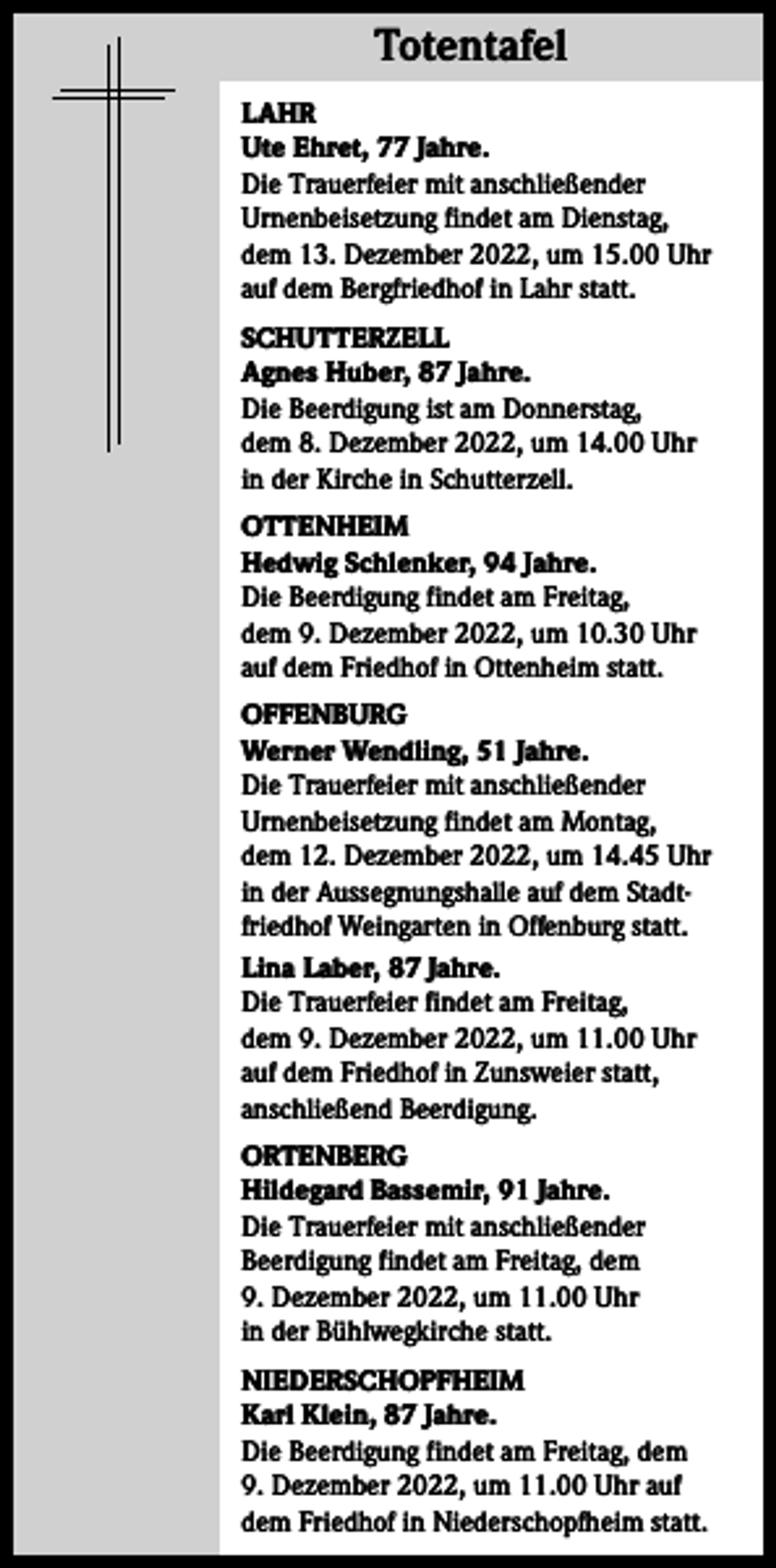 <p>Totentafel<br />Totentafel<br />LAHR<br />Ute Ehret, 77 Jahre.<br />Die Trauerfeier mit anschließender<br />­Urnenbeisetzung findet am Dienstag,<br />dem 13. Dezember 2022, um 15.00 Uhr<br />auf dem Bergfriedhof in Lahr statt.<br />SCHUTTERZELL<br />Agnes Huber, 87 Jahre.<br />Die Beerdigung ist am Donnerstag,<br />dem 8. Dezember 2022, um 14.00 Uhr<br />in der Kirche in Schutterzell.<br />OTTENHEIM<br />Hedwig Schlenker, 94 Jahre.<br />Die Beerdigung findet am Freitag,<br />dem 9. Dezember 2022, um 10.30 Uhr<br />auf dem Friedhof in Ottenheim statt.<br />OFFENBURG<br />Werner Wendling, 51 Jahre.<br />Die Trauerfeier mit anschließender<br />­Urnenbeisetzung findet am Montag,<br />dem 12. Dezember 2022, um 14.45 Uhr<br />in der Aussegnungshalle auf dem Stadtfriedhof Weingarten in Offenburg statt.<br />Lina Laber, 87 Jahre.<br />Die Trauerfeier findet am Freitag,<br />dem 9. Dezember 2022, um 11.00 Uhr<br />auf dem Friedhof in Zunsweier statt,<br />anschließend Beerdigung.<br />ORTENBERG<br />Hildegard Bassemir, 91 Jahre.<br />Die Trauerfeier mit anschließender<br />Beerdigung findet am Freitag, dem<br />9. Dezember 2022, um 11.00 Uhr<br />in der Bühlwegkirche statt.<br />NIEDERSCHOPFHEIM<br />Karl Klein, 87 Jahre.<br />Die Beerdigung findet am Freitag, dem<br />9. Dezember 2022, um 11.00 Uhr auf<br />dem Friedhof in Niederschopfheim statt.</p>