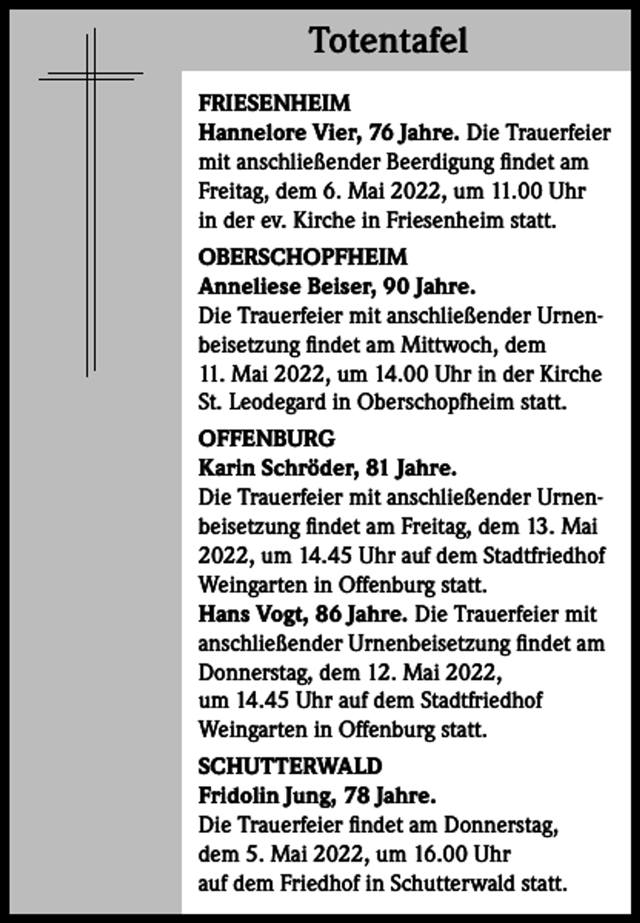 <p>Totentafel<br />Totentafel<br />FRIESENHEIM<br />Hannelore Vier, 76 Jahre. Die Trauerfeier<br />mit anschließender Beerdigung findet am<br />Freitag, dem 6. Mai 2022, um 11.00 Uhr<br />in der ev. Kirche in Friesenheim statt.<br />OBERSCHOPFHEIM<br />Anneliese Beiser, 90 Jahre.<br />Die Trauerfeier mit anschließender Urnenbeisetzung findet am Mittwoch, dem<br />11. Mai 2022, um 14.00 Uhr in der Kirche<br />St. Leodegard in Oberschopfheim statt.<br />OFFENBURG<br />Karin Schröder, 81 Jahre.<br />Die Trauerfeier mit anschließender Urnenbeisetzung findet am Freitag, dem 13. Mai<br />2022, um 14.45 Uhr auf dem Stadtfriedhof<br />Weingarten in Offenburg statt.<br />Hans Vogt, 86 Jahre. Die Trauerfeier mit<br />anschließender Urnenbeisetzung findet am<br />Donnerstag, dem 12. Mai 2022,<br />um 14.45 Uhr auf dem Stadtfriedhof<br />Weingarten in Offenburg statt.<br />SCHUTTERWALD<br />Fridolin Jung, 78 Jahre.<br />Die Trauerfeier findet am Donnerstag,<br />dem 5. Mai 2022, um 16.00 Uhr<br />auf dem Friedhof in Schutterwald statt.</p>