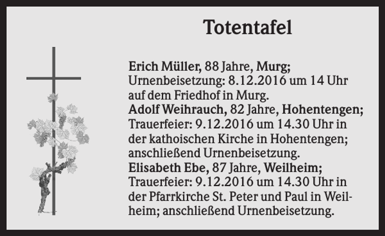 <p>Totentafel<br />Erich Müller, 88 Jahre, Murg;<br />Urnenbeisetzung: 8.12.2016 um 14 Uhr<br />auf dem Friedhof in Murg.<br />Adolf Weihrauch, 82 Jahre, Hohentengen;<br />Trauerfeier: 9.12.2016 um 14.30 Uhr in<br />der kathoischen Kirche in Hohentengen;<br />anschließend Urnenbeisetzung.<br />Elisabeth Ebe, 87 Jahre, Weilheim;<br />Trauerfeier: 9.12.2016 um 14.30 Uhr in<br />der Pfarrkirche St. Peter und Paul in Weilheim; anschließend Urnenbeisetzung.</p>