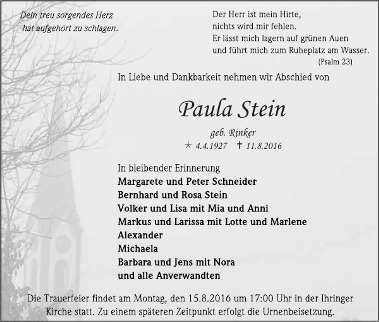 <p>.</p><p>Paula Stein<br />geb. Rinker<br /> 4.4.1927  11.8.2016</p>