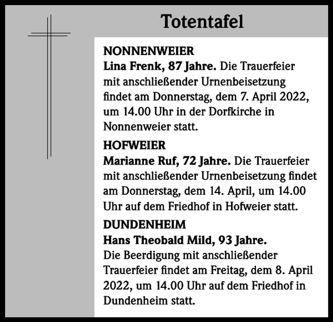 <p>Totentafel<br />Totentafel<br />NONNENWEIER<br />Lina Frenk, 87 Jahre. Die Trauerfeier<br />mit anschließender Urnenbeisetzung<br />findet am Donnerstag, dem 7. April 2022,<br />um 14.00 Uhr in der Dorfkirche in<br />Nonnenweier statt.<br />HOFWEIER<br />Marianne Ruf, 72 Jahre. Die Trauerfeier<br />mit anschließender Urnenbeisetzung findet<br />am Donnerstag, dem 14. April, um 14.00<br />Uhr auf dem Friedhof in Hofweier statt.<br />DUNDENHEIM<br />Hans Theobald Mild, 93 Jahre.<br />Die Beerdigung mit anschließender<br />Trauerfeier findet am Freitag, dem 8. April<br />2022, um 14.00 Uhr auf dem Friedhof in<br />Dundenheim statt.</p>