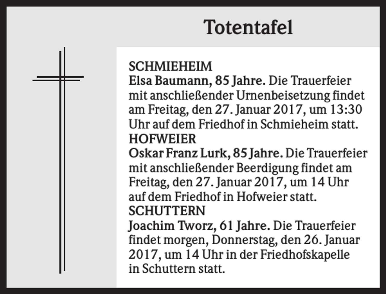 <p>Totentafel<br />SCHMIEHEIM<br />Elsa Baumann, 85 Jahre. Die Trauerfeier<br />mit anschließender Urnenbeisetzung findet<br />am Freitag, den 27. Januar 2017, um 13:30<br />Uhr auf dem Friedhof in Schmieheim statt.<br />HOFWEIER<br />Oskar Franz Lurk, 85 Jahre. Die Trauerfeier<br />mit anschließender Beerdigung findet am<br />Freitag, den 27. Januar 2017, um 14 Uhr<br />auf dem Friedhof in Hofweier statt.<br />SCHUTTERN<br />Joachim Tworz, 61 Jahre. Die Trauerfeier<br />findet morgen, Donnerstag, den 26. Januar<br />2017, um 14 Uhr in der Friedhofskapelle<br />in Schuttern statt.</p>