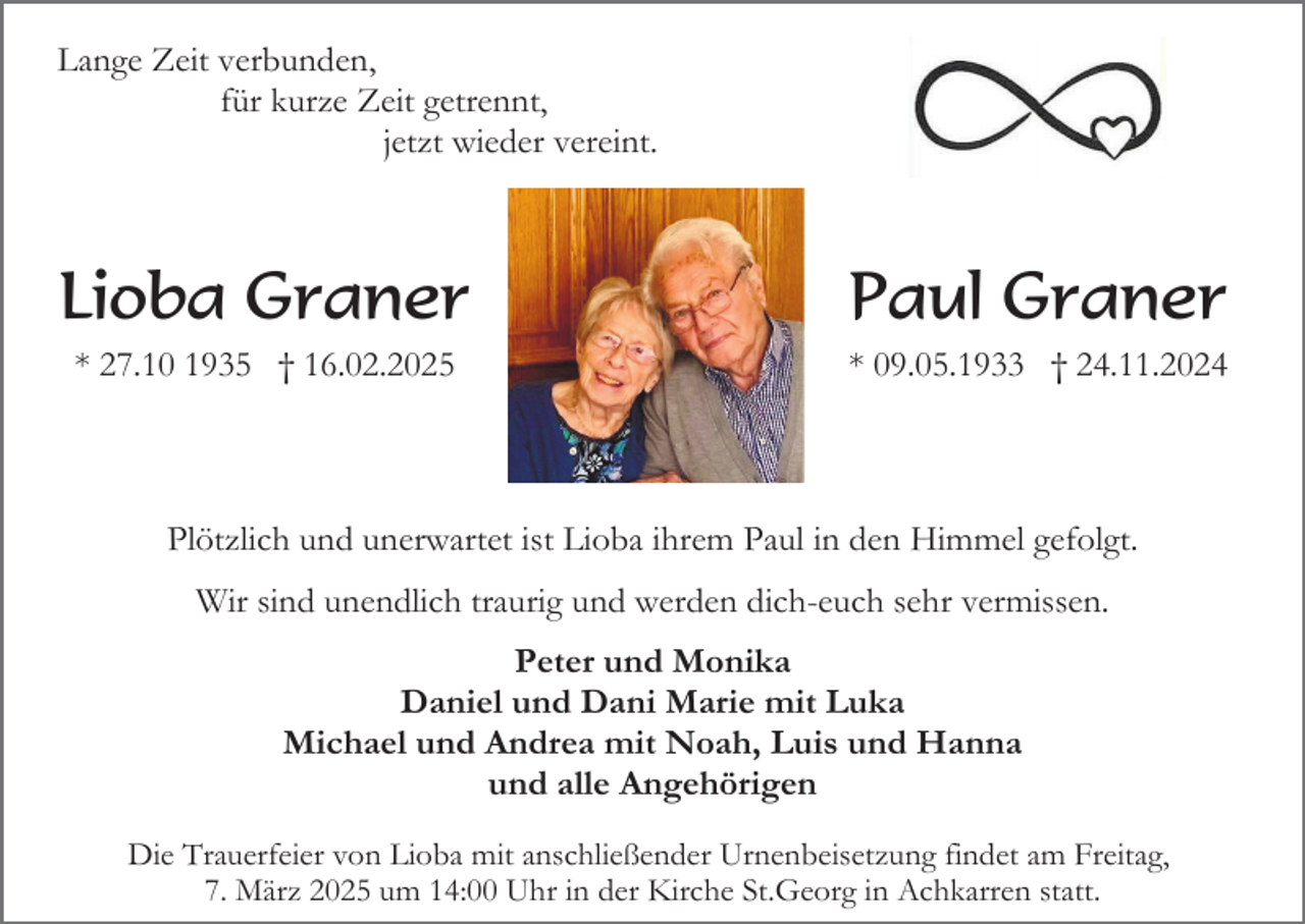<p>Lange Zeit verbunden,<br />für kurze Zeit getrennt,<br />jetzt wieder vereint.</p><p>Lioba Graner</p><p>Paul Graner</p><p>* 27.10 1935 † 16.02.2025</p><p>* 09.05.1933 † 24.11.2024</p><p>Plötzlich und unerwartet ist Lioba ihrem Paul in den Himmel gefolgt.<br />Wir sind unendlich traurig und werden dich-euch sehr vermissen.<br />Peter und Monika<br />Daniel und Dani Marie mit Luka<br />Michael und Andrea mit Noah, Luis und Hanna<br />und alle Angehörigen<br />Die Trauerfeier von Lioba mit anschließender Urnenbeisetzung findet am Freitag,<br />7. März 2025 um 14:00 Uhr in der Kirche St.Georg in Achkarren statt.</p>