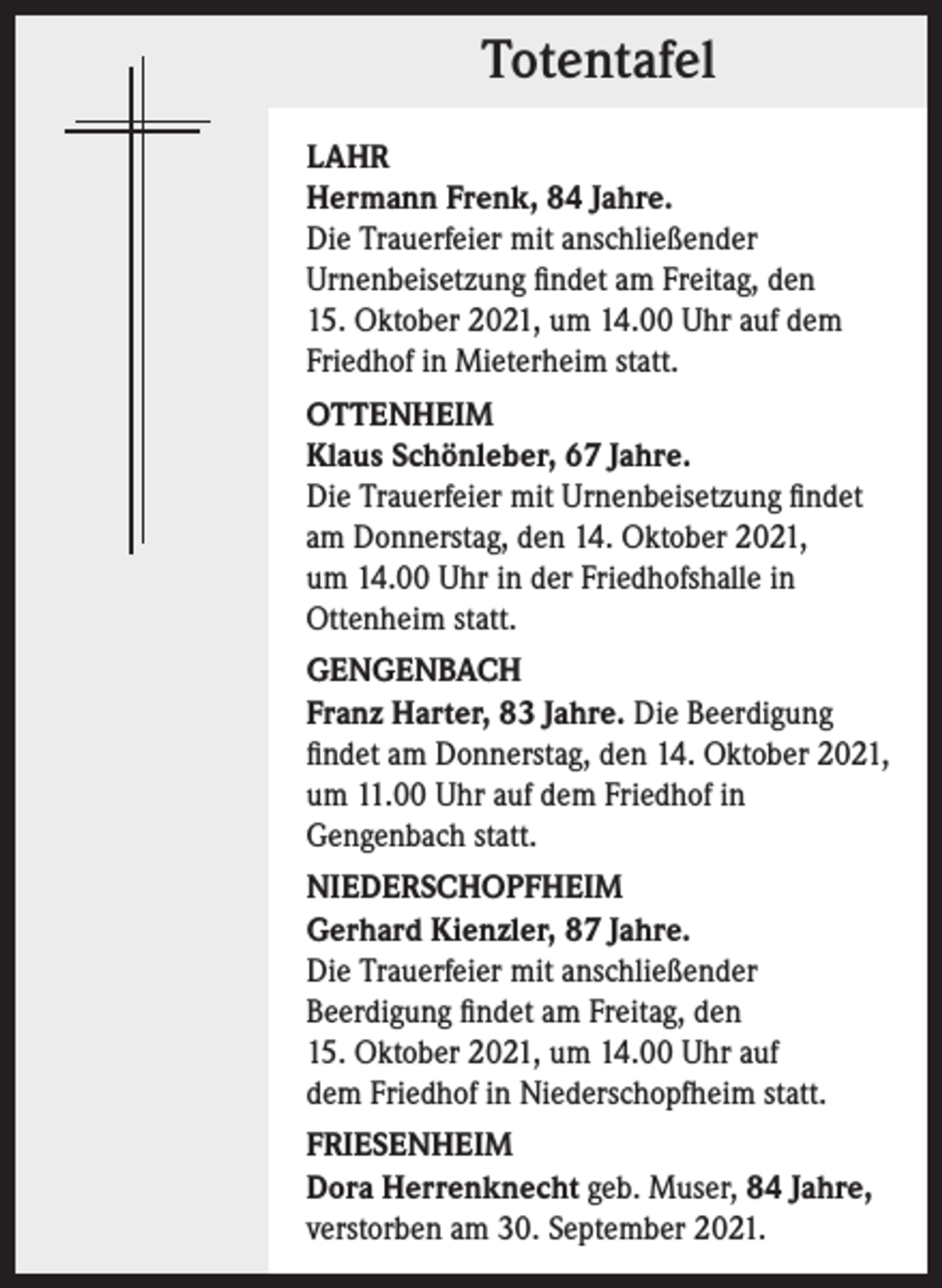 <p>Totentafel<br />Totentafel<br />LAHR<br />Hermann Frenk, 84 Jahre.<br />Die Trauerfeier mit anschließender<br />Urnenbeisetzung findet am Freitag, den<br />15. Oktober 2021, um 14.00 Uhr auf dem<br />Friedhof in Mieterheim statt.<br />OTTENHEIM<br />Klaus Schönleber, 67 Jahre.<br />Die Trauerfeier mit Urnenbeisetzung findet<br />am Donnerstag, den 14. Oktober 2021,<br />um 14.00 Uhr in der Friedhofshalle in<br />Ottenheim statt.<br />GENGENBACH<br />Franz Harter, 83 Jahre. Die Beerdigung<br />findet am Donnerstag, den 14. Oktober 2021,<br />um 11.00 Uhr auf dem Friedhof in<br />Gengenbach statt.<br />NIEDERSCHOPFHEIM<br />Gerhard Kienzler, 87 Jahre.<br />Die Trauerfeier mit anschließender<br />Beerdigung findet am Freitag, den<br />15. Oktober 2021, um 14.00 Uhr auf<br />dem Friedhof in Niederschopfheim statt.<br />FRIESENHEIM<br />Dora Herrenknecht geb. Muser, 84 Jahre,<br />verstorben am 30. September 2021.</p>
