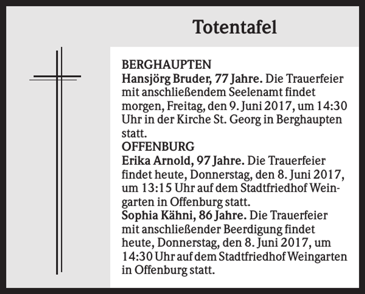 <p>Totentafel<br />BERGHAUPTEN<br />Hansjörg Bruder, 77 Jahre. Die Trauerfeier<br />mit anschließendem Seelenamt findet<br />morgen, Freitag, den 9. Juni 2017, um 14:30<br />Uhr in der Kirche St. Georg in Berghaupten<br />statt.<br />OFFENBURG<br />Erika Arnold, 97 Jahre. Die Trauerfeier<br />findet heute, Donnerstag, den 8. Juni 2017,<br />um 13:15 Uhr auf dem Stadtfriedhof Weingarten in Offenburg statt.<br />Sophia Kähni, 86 Jahre. Die Trauerfeier<br />mit anschließender Beerdigung findet<br />heute, Donnerstag, den 8. Juni 2017, um<br />14:30 Uhr auf dem Stadtfriedhof Weingarten<br />in Offenburg statt.</p>