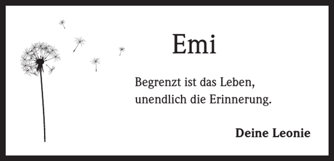 <p>Emi<br />Begrenzt ist das Leben,<br />unendlich die Erinnerung.</p><p>Deine Leonie</p>