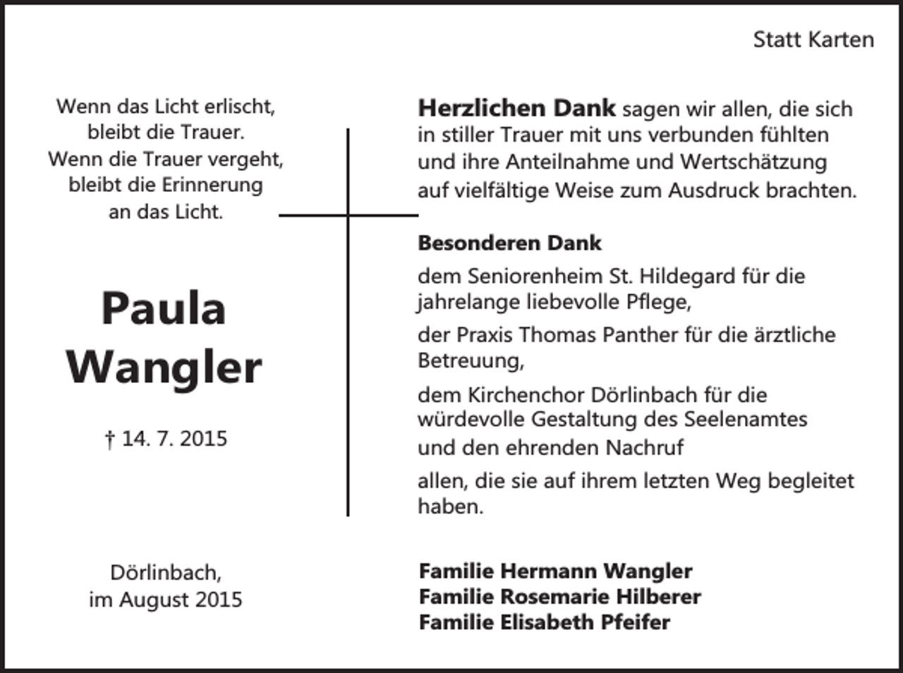 <p>Statt Karten<br />Wenn das Licht erlischt,<br />bleibt die Trauer.<br />Wenn die Trauer vergeht,<br />bleibt die Erinnerung<br />an das Licht.</p><p>Paula<br />Wangler<br />† 14. 7. 2015</p><p>Herzlichen Dank sagen wir allen, die sich</p><p>in stiller Trauer mit uns verbunden fühlten<br />und ihre Anteilnahme und Wertschätzung<br />auf vielfältige Weise zum Ausdruck brachten.<br />Besonderen Dank<br />dem Seniorenheim St. Hildegard für die<br />jahrelange liebevolle Pflege,<br />der Praxis Thomas Panther für die ärztliche<br />Betreuung,<br />dem Kirchenchor Dörlinbach für die<br />würdevolle Gestaltung des Seelenamtes<br />und den ehrenden Nachruf<br />allen, die sie auf ihrem letzten Weg begleitet<br />haben.</p><p>Dörlinbach,<br />im August 2015</p><p>Familie Hermann Wangler<br />Familie Rosemarie Hilberer<br />Familie Elisabeth Pfeifer</p>