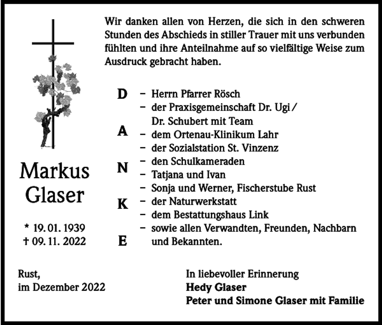<p>Wir danken allen von Herzen, die sich in den schweren<br />Stunden des Abschieds in stiller Trauer mit uns verbunden<br />fühlten und ihre Anteilnahme auf so vielfältige Weise zum<br />Ausdruck gebracht haben.</p><p>D<br />A</p><p>Markus<br />Glaser<br />* 19. 01. 1939<br />† 09. 11. 2022</p><p>N<br />K<br />E</p><p>– Herrn Pfarrer Rösch<br />– der Praxisgemeinschaft Dr. Ugi /<br />Dr. Schubert mit Team<br />– dem Ortenau-Klinikum Lahr<br />– der Sozialstation St. Vinzenz<br />– den Schulkameraden<br />– Tatjana und Ivan<br />– Sonja und Werner, Fischerstube Rust<br />– der Naturwerkstatt<br />– dem Bestattungshaus Link<br />– sowie allen Verwandten, Freunden, Nachbarn<br />und Bekannten.</p><p>Rust,<br />In liebevoller Erinnerung<br />im Dezember 2022 Hedy Glaser<br />Peter und Simone Glaser mit Familie</p>