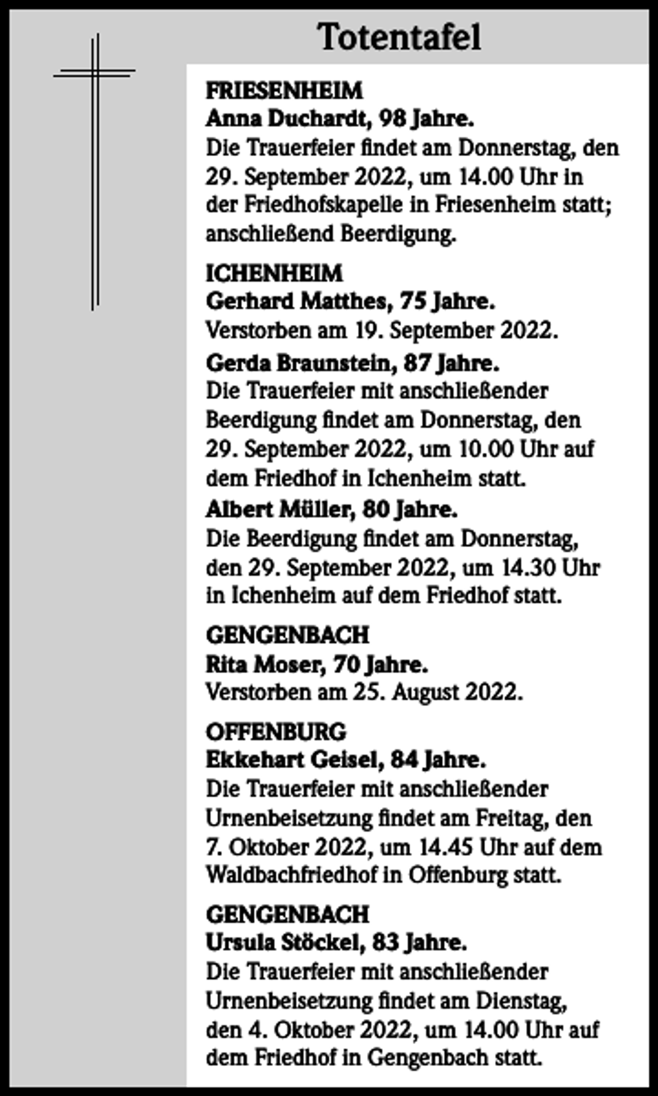 <p>Totentafel<br />Totentafel<br />FRIESENHEIM<br />Anna Duchardt, 98 Jahre.<br />Die Trauerfeier findet am Donnerstag, den<br />29. September 2022, um 14.00 Uhr in<br />der Friedhofskapelle in Friesenheim statt;<br />anschließend Beerdigung.<br />ICHENHEIM<br />Gerhard Matthes, 75 Jahre.<br />Verstorben am 19. September 2022.<br />Gerda Braunstein, 87 Jahre.<br />Die Trauerfeier mit anschließender<br />Beerdigung findet am Donnerstag, den<br />29. September 2022, um 10.00 Uhr auf<br />dem Friedhof in Ichenheim statt.<br />Albert Müller, 80 Jahre.<br />Die Beerdigung findet am Donnerstag,<br />den 29. September 2022, um 14.30 Uhr<br />in Ichenheim auf dem Friedhof statt.<br />GENGENBACH<br />Rita Moser, 70 Jahre.<br />Verstorben am 25. August 2022.<br />OFFENBURG<br />Ekkehart Geisel, 84 Jahre.<br />Die Trauerfeier mit anschließender<br />Urnenbeisetzung findet am Freitag, den<br />7. Oktober 2022, um 14.45 Uhr auf dem<br />Waldbachfriedhof in Offenburg statt.<br />GENGENBACH<br />Ursula Stöckel, 83 Jahre.<br />Die Trauerfeier mit anschließender<br />Urnenbeisetzung findet am Dienstag,<br />den 4. Oktober 2022, um 14.00 Uhr auf<br />dem Friedhof in Gengenbach statt.</p>