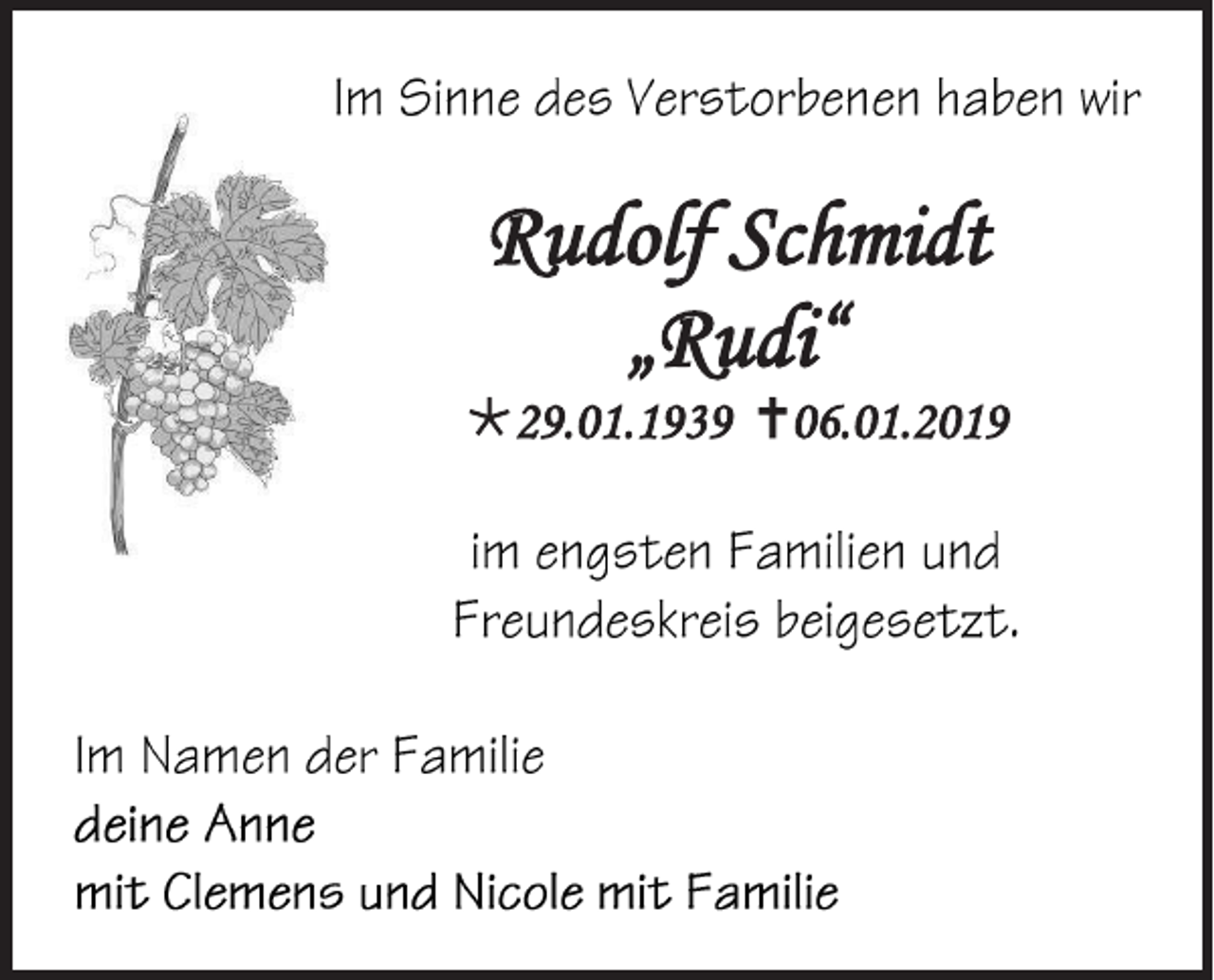 <p>Rudolf Schmidt<br />„Rudi“<br />29.01.1939 06.01.2019</p>