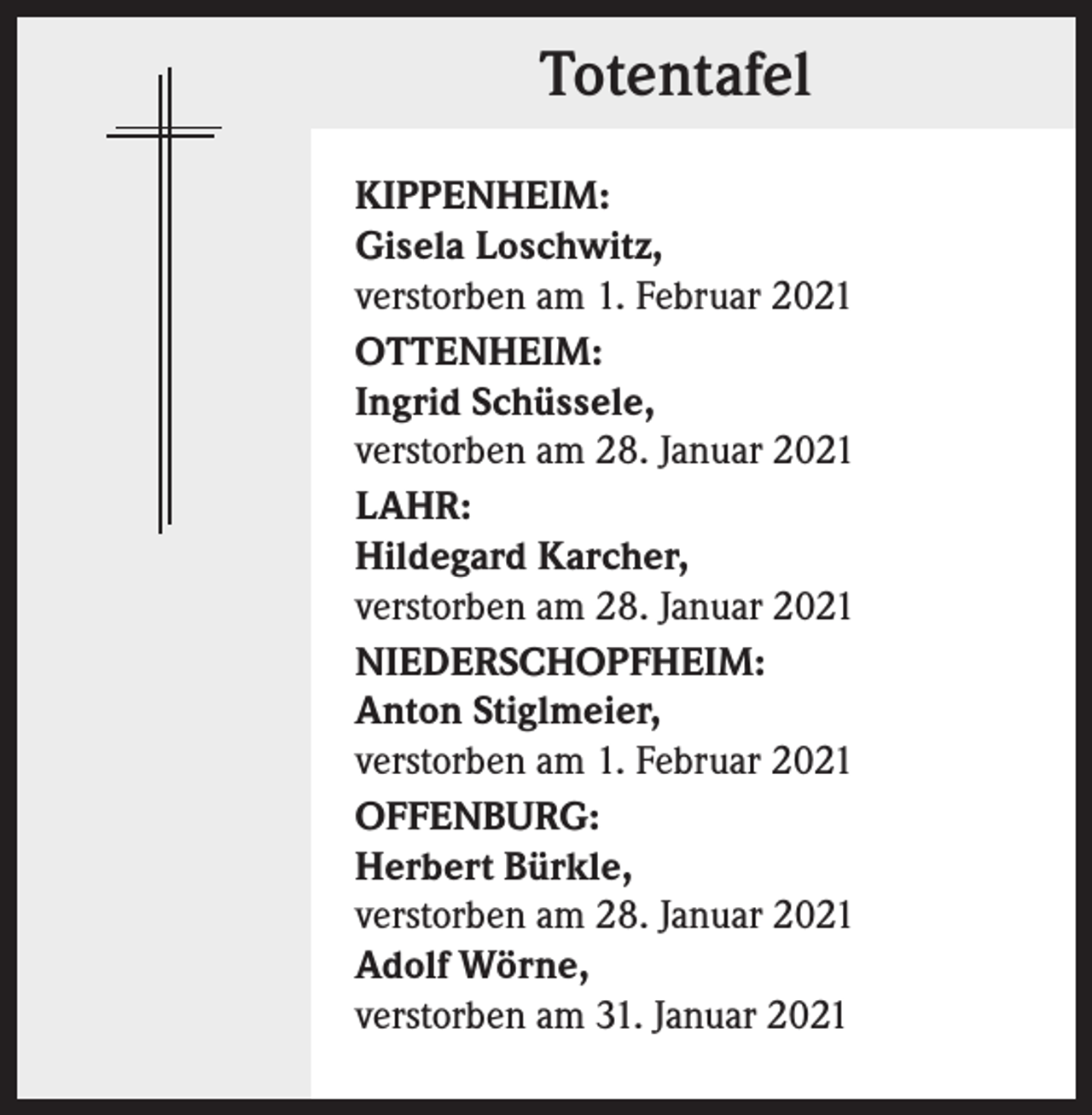 <p>Totentafel<br />KIPPENHEIM:<br />Gisela Loschwitz,<br />verstorben am 1. Februar 2021<br />OTTENHEIM:<br />Ingrid Schüssele,<br />verstorben am 28. Januar 2021<br />LAHR:<br />Hildegard Karcher,<br />verstorben am 28. Januar 2021<br />NIEDERSCHOPFHEIM:<br />Anton Stiglmeier,<br />verstorben am 1. Februar 2021<br />OFFENBURG:<br />Herbert Bürkle,<br />verstorben am 28. Januar 2021<br />Adolf Wörne,<br />verstorben am 31. Januar 2021</p>