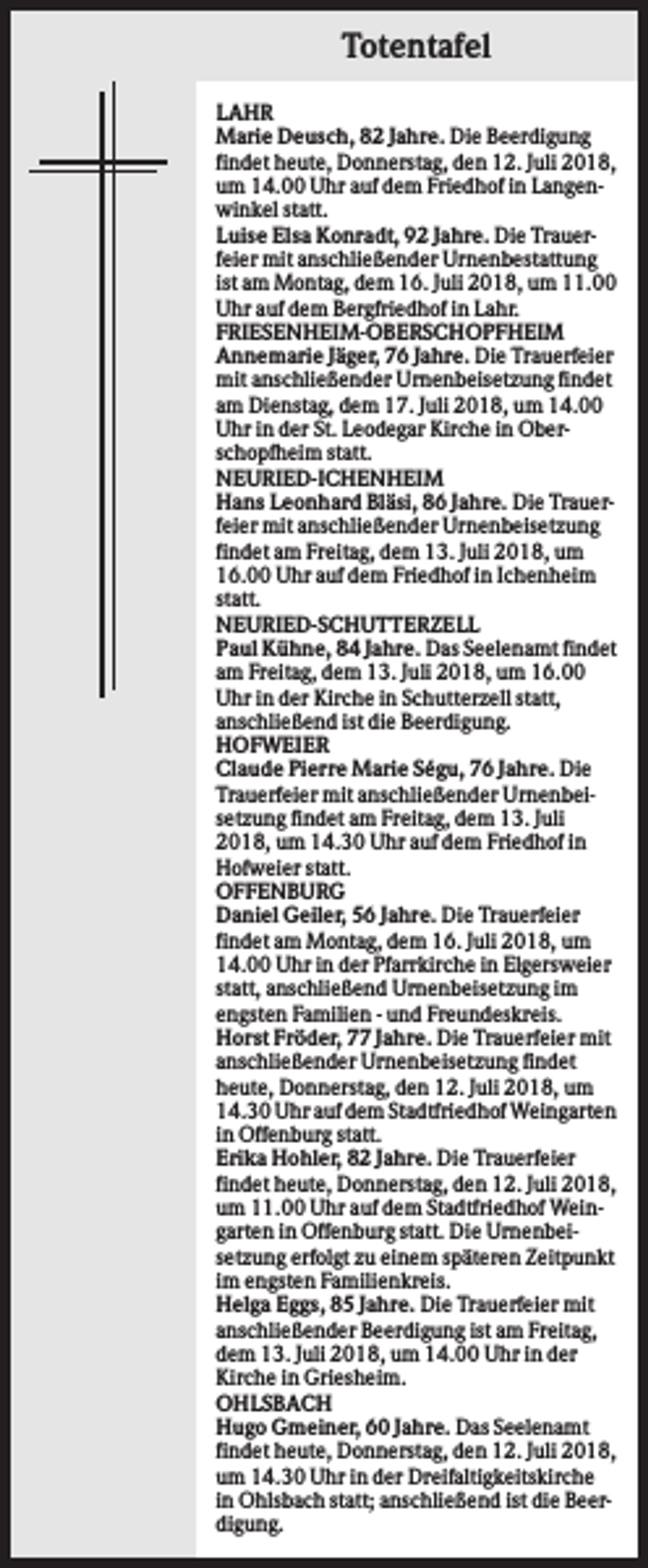 <p>Totentafel<br />LAHR<br />Marie Deusch, 82 Jahre. Die Beerdigung<br />findet heute, Donnerstag, den 12. Juli 2018,<br />um 14.00 Uhr auf dem Friedhof in Langenwinkel statt.<br />Luise Elsa Konradt, 92 Jahre. Die Trauerfeier mit anschließender Urnenbestattung<br />ist am Montag, dem 16. Juli 2018, um 11.00<br />Uhr auf dem Bergfriedhof in Lahr.<br />FRIESENHEIM-OBERSCHOPFHEIM<br />Annemarie Jäger, 76 Jahre. Die Trauerfeier<br />mit anschließender Urnenbeisetzung findet<br />am Dienstag, dem 17. Juli 2018, um 14.00<br />Uhr in der St. Leodegar Kirche in Oberschopfheim statt.<br />NEURIED-ICHENHEIM<br />Hans Leonhard Bläsi, 86 Jahre. Die Trauerfeier mit anschließender Urnenbeisetzung<br />findet am Freitag, dem 13. Juli 2018, um<br />16.00 Uhr auf dem Friedhof in Ichenheim<br />statt.<br />NEURIED-SCHUTTERZELL<br />Paul Kühne, 84 Jahre. Das Seelenamt findet<br />am Freitag, dem 13. Juli 2018, um 16.00<br />Uhr in der Kirche in Schutterzell statt,<br />anschließend ist die Beerdigung.<br />HOFWEIER<br />Claude Pierre Marie Ségu, 76 Jahre. Die<br />Trauerfeier mit anschließender Urnenbeisetzung findet am Freitag, dem 13. Juli<br />2018, um 14.30 Uhr auf dem Friedhof in<br />Hofweier statt.<br />OFFENBURG<br />Daniel Geiler, 56 Jahre. Die Trauerfeier<br />findet am Montag, dem 16. Juli 2018, um<br />14.00 Uhr in der Pfarrkirche in Elgersweier<br />statt, anschließend Urnenbeisetzung im<br />engsten Familien - und Freundeskreis.<br />Horst Fröder, 77 Jahre. Die Trauerfeier mit<br />anschließender Urnenbeisetzung findet<br />heute, Donnerstag, den 12. Juli 2018, um<br />14.30 Uhr auf dem Stadtfriedhof Weingarten<br />in Offenburg statt.<br />Erika Hohler, 82 Jahre. Die Trauerfeier<br />findet heute, Donnerstag, den 12. Juli 2018,<br />um 11.00 Uhr auf dem Stadtfriedhof Weingarten in Offenburg statt. Die Urnenbeisetzung erfolgt zu einem späteren Zeitpunkt<br />im engsten Familienkreis.<br />Helga Eggs, 85 Jahre. Die Trauerfeier mit<br />anschließender Beerdigung ist am Freitag,<br />dem 13. Juli 2018, um 14.00 Uhr in der<br />Kirche in Griesheim.<br />OHLSBACH<br />Hugo Gmeiner, 60 Jahre. Das Seelenamt<br />findet heute, Donnerstag, den 12. Juli 2018,<br />um 14.30 Uhr in der Dreifaltigkeitskirche<br />in Ohlsbach statt; anschließend ist die Beerdigung.</p>