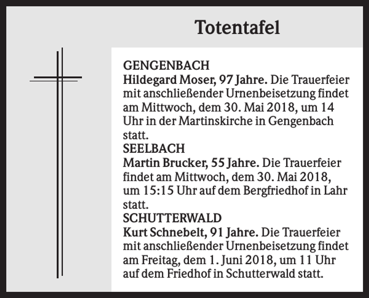 <p>Totentafel<br />GENGENBACH<br />Hildegard Moser, 97 Jahre. Die Trauerfeier<br />mit anschließender Urnenbeisetzung findet<br />am Mittwoch, dem 30. Mai 2018, um 14<br />Uhr in der Martinskirche in Gengenbach<br />statt.<br />SEELBACH<br />Martin Brucker, 55 Jahre. Die Trauerfeier<br />findet am Mittwoch, dem 30. Mai 2018,<br />um 15:15 Uhr auf dem Bergfriedhof in Lahr<br />statt.<br />SCHUTTERWALD<br />Kurt Schnebelt, 91 Jahre. Die Trauerfeier<br />mit anschließender Urnenbeisetzung findet<br />am Freitag, dem 1. Juni 2018, um 11 Uhr<br />auf dem Friedhof in Schutterwald statt.</p>