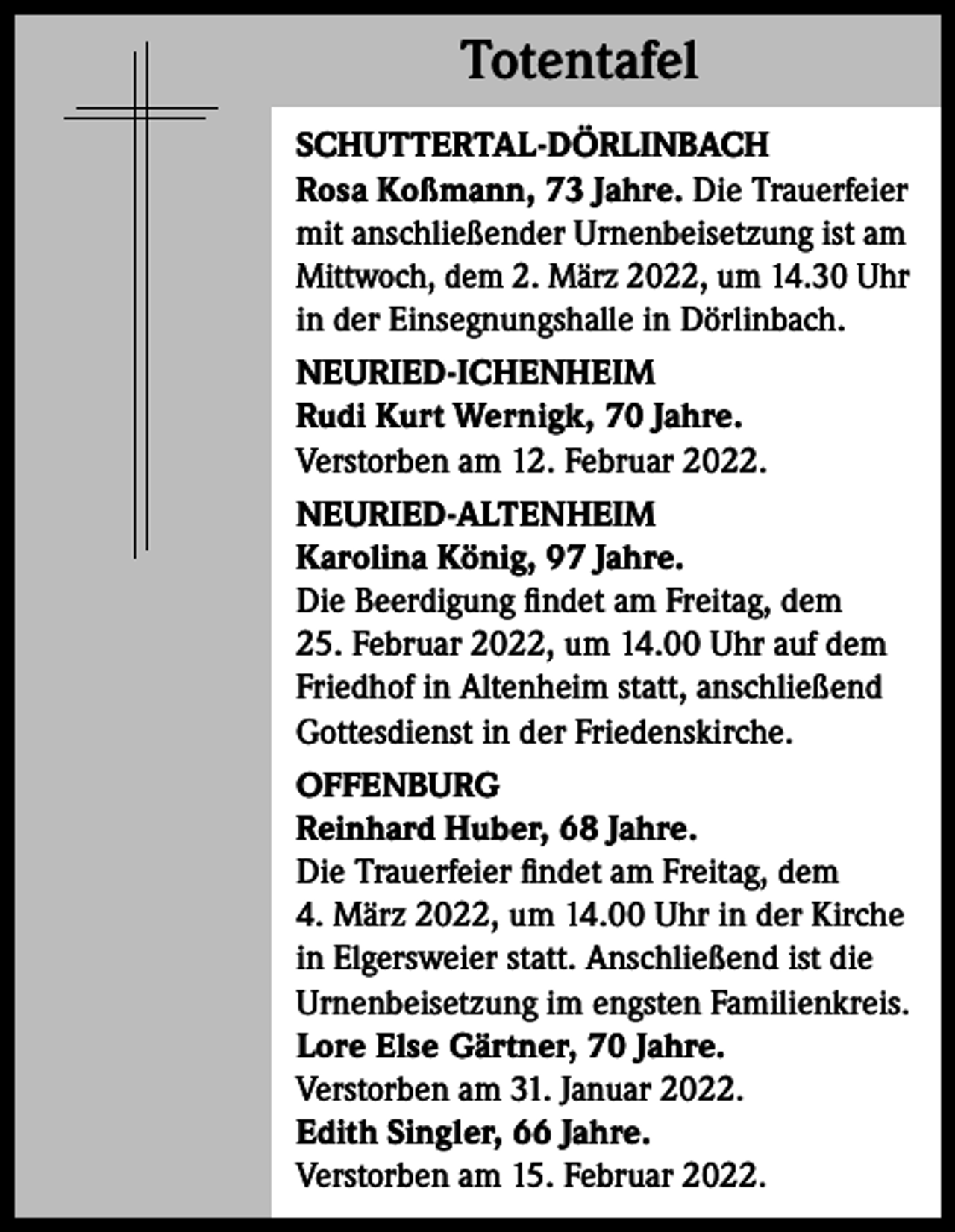 <p>Totentafel<br />Totentafel<br />SCHUTTERTAL-DÖRLINBACH<br />Rosa Koßmann, 73 Jahre. Die Trauerfeier<br />mit anschließender Urnenbeisetzung ist am<br />Mittwoch, dem 2. März 2022, um 14.30 Uhr<br />in der Einsegnungshalle in Dörlinbach.<br />NEURIED-ICHENHEIM<br />Rudi Kurt Wernigk, 70 Jahre.<br />Verstorben am 12. Februar 2022.<br />NEURIED-ALTENHEIM<br />Karolina König, 97 Jahre.<br />Die Beerdigung findet am Freitag, dem<br />25. Februar 2022, um 14.00 Uhr auf dem<br />Friedhof in Altenheim statt, anschließend<br />Gottesdienst in der Friedenskirche.<br />OFFENBURG<br />Reinhard Huber, 68 Jahre.<br />Die Trauerfeier findet am Freitag, dem<br />4. März 2022, um 14.00 Uhr in der Kirche<br />in Elgersweier statt. Anschließend ist die<br />Urnenbeisetzung im engsten Familienkreis.<br />Lore Else Gärtner, 70 Jahre.<br />Verstorben am 31. Januar 2022.<br />Edith Singler, 66 Jahre.<br />Verstorben am 15. Februar 2022.</p>