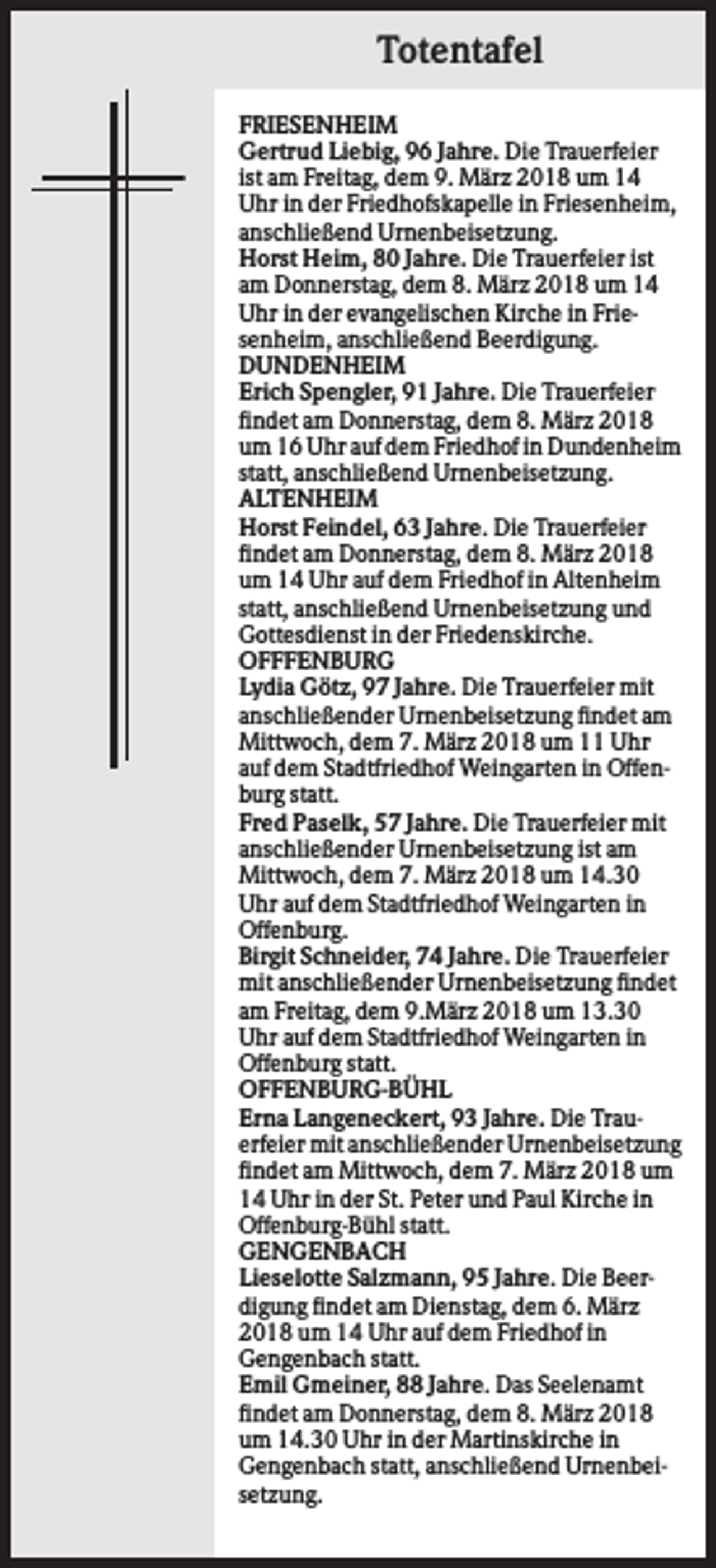 <p>Totentafel<br />FRIESENHEIM<br />Gertrud Liebig, 96 Jahre. Die Trauerfeier<br />ist am Freitag, dem 9. März 2018 um 14<br />Uhr in der Friedhofskapelle in Friesenheim,<br />anschließend Urnenbeisetzung.<br />Horst Heim, 80 Jahre. Die Trauerfeier ist<br />am Donnerstag, dem 8. März 2018 um 14<br />Uhr in der evangelischen Kirche in Friesenheim, anschließend Beerdigung.<br />DUNDENHEIM<br />Erich Spengler, 91 Jahre. Die Trauerfeier<br />findet am Donnerstag, dem 8. März 2018<br />um 16 Uhr auf dem Friedhof in Dundenheim<br />statt, anschließend Urnenbeisetzung.<br />ALTENHEIM<br />Horst Feindel, 63 Jahre. Die Trauerfeier<br />findet am Donnerstag, dem 8. März 2018<br />um 14 Uhr auf dem Friedhof in Altenheim<br />statt, anschließend Urnenbeisetzung und<br />Gottesdienst in der Friedenskirche.<br />OFFFENBURG<br />Lydia Götz, 97 Jahre. Die Trauerfeier mit<br />anschließender Urnenbeisetzung findet am<br />Mittwoch, dem 7. März 2018 um 11 Uhr<br />auf dem Stadtfriedhof Weingarten in Offenburg statt.<br />Fred Paselk, 57 Jahre. Die Trauerfeier mit<br />anschließender Urnenbeisetzung ist am<br />Mittwoch, dem 7. März 2018 um 14.30<br />Uhr auf dem Stadtfriedhof Weingarten in<br />Offenburg.<br />Birgit Schneider, 74 Jahre. Die Trauerfeier<br />mit anschließender Urnenbeisetzung findet<br />am Freitag, dem 9.März 2018 um 13.30<br />Uhr auf dem Stadtfriedhof Weingarten in<br />Offenburg statt.<br />OFFENBURG-BÜHL<br />Erna Langeneckert, 93 Jahre. Die Trauerfeier mit anschließender Urnenbeisetzung<br />findet am Mittwoch, dem 7. März 2018 um<br />14 Uhr in der St. Peter und Paul Kirche in<br />Offenburg-Bühl statt.<br />GENGENBACH<br />Lieselotte Salzmann, 95 Jahre. Die Beerdigung findet am Dienstag, dem 6. März<br />2018 um 14 Uhr auf dem Friedhof in<br />Gengenbach statt.<br />Emil Gmeiner, 88 Jahre. Das Seelenamt<br />findet am Donnerstag, dem 8. März 2018<br />um 14.30 Uhr in der Martinskirche in<br />Gengenbach statt, anschließend Urnenbeisetzung.</p>