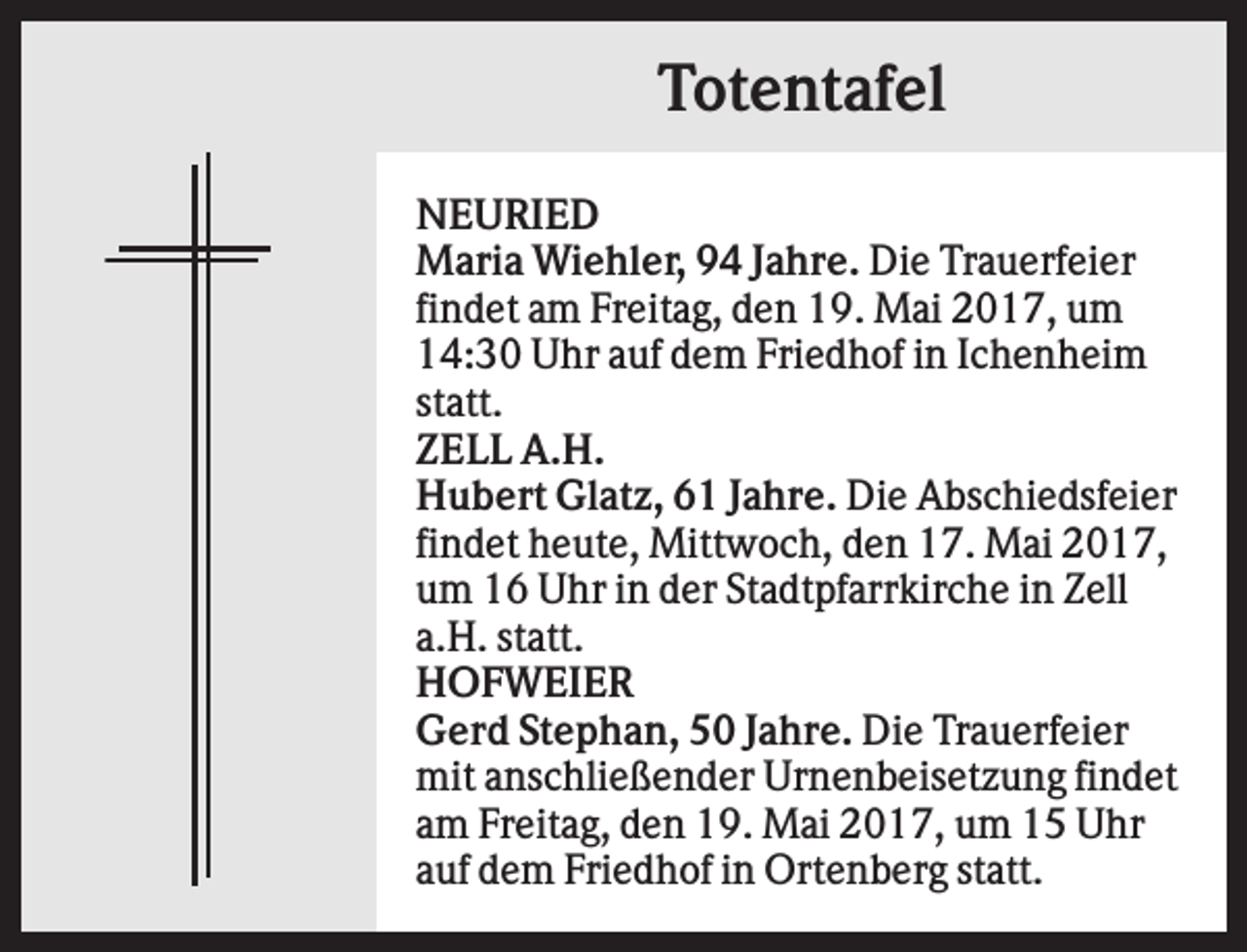 <p>Totentafel<br />NEURIED<br />Maria Wiehler, 94 Jahre. Die Trauerfeier<br />findet am Freitag, den 19. Mai 2017, um<br />14:30 Uhr auf dem Friedhof in Ichenheim<br />statt.<br />ZELL A.H.<br />Hubert Glatz, 61 Jahre. Die Abschiedsfeier<br />findet heute, Mittwoch, den 17. Mai 2017,<br />um 16 Uhr in der Stadtpfarrkirche in Zell<br />a.H. statt.<br />HOFWEIER<br />Gerd Stephan, 50 Jahre. Die Trauerfeier<br />mit anschließender Urnenbeisetzung findet<br />am Freitag, den 19. Mai 2017, um 15 Uhr<br />auf dem Friedhof in Ortenberg statt.</p>