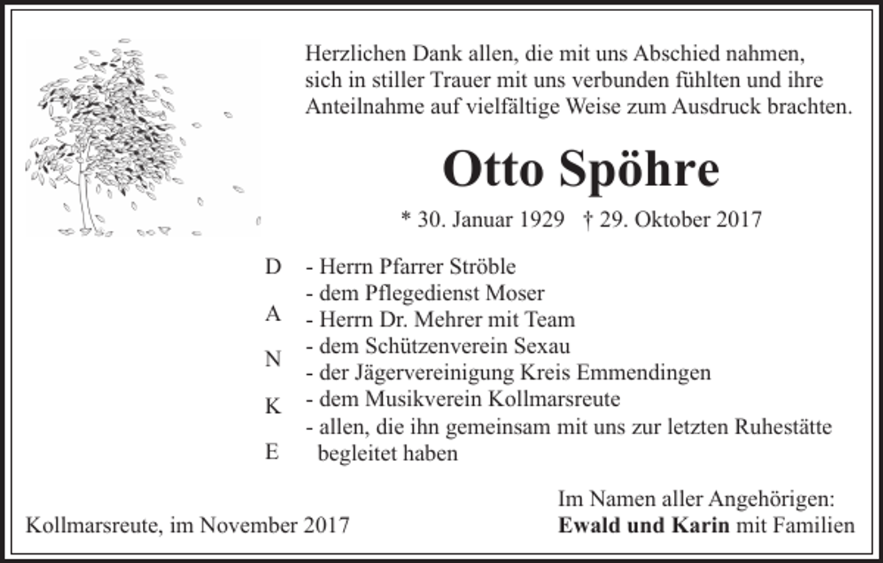 <p>Herzlichen<br />H er zli c h e n DDank<br />a n k all<br />allen,<br />e n, didiee mit<br />mit uns<br />u ns Abschied<br />A bs c hi e d nahmen,<br />n a h m e n,<br />si c h iinn still<br />er Trauer<br />Tr a u er mit<br />mit uns<br />u ns vverbunden<br />er b u n d e n ffühlten<br />ü hlt e n uund<br />n d ihre<br />i hr e<br />sich<br />stiller<br />A nt eil n a h m e aauf<br />uf vivielfältige<br />elf älti g e Weise<br />Weis e zzum<br />u m Ausdruck<br />A us dr u c k bbrachten.<br />r a c ht e n.<br />Anteilnahme</p><p>Ott<br />o SSpöhre<br />p ö hre<br />Otto</p><p>** 330.<br />0. JJanuar<br />a n u ar 1192 2 9 †† 229.<br />9. Oktober<br />O kt o b er 22<br />DD<br />AA<br />NN<br />KK<br />EE</p><p>- Herrn<br />H err n Pfarrer<br />Pf arr er Ströble<br />Str ö bl e<br />- dem<br />d e m Pflegedienst<br />Pfl e g e di e nst Moser<br />M os er<br />- Herrn<br />H err n Dr.<br />Dr. Mehrer<br />M e hr er mit<br />mit Team<br />Tea m<br />- dem<br />d e m Schützenverein<br />S c h üt z e n v er ei n Sexau<br />S e xa u<br />- der<br />d er Jägervereinigung<br />J ä g er v er ei ni g u n g Kreis<br />Kreis Emmendingen<br />E m m e n di n g e n<br />- dem<br />d e m Musikverein<br />M usi k v er ei n Kollmarsreute<br />K oll marsr e ut e<br />- allen,<br />all e n, die<br />di e iihn<br />h n gemeinsam<br />g e m ei ns a m mit<br />mit uns<br />u ns zur<br />z ur letzten<br />l et zt e n Ruhestätte<br />R u h est ätt e<br />b e gl eit et hhaben<br />a be n<br />begleitet</p><p>KKollmarsreute,<br />oll m arsr e ut e, i im<br />m NNovember<br />o v e m b er 22</p><p>Im<br />I m Namen<br />N a m e n aller<br />all er Angehörigen:<br />A n g e h örig e n:<br />E w al d uund<br />n d Karin<br />K a ri n mit<br />a mili e n<br />Ewald<br />mitFFamilien</p>