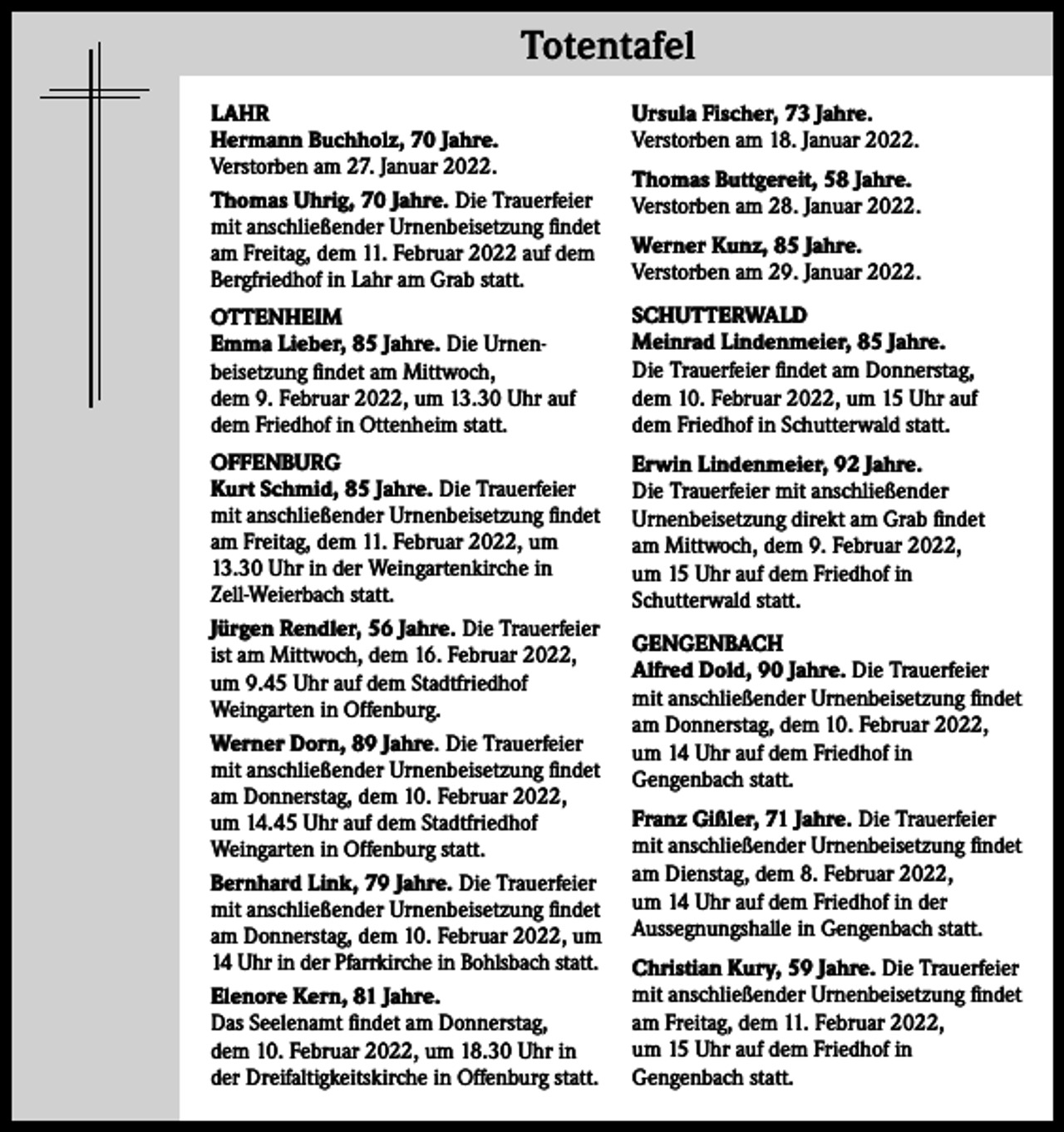 <p>TotentafelTotentafel<br />LAHR<br />Hermann Buchholz, 70 Jahre.<br />Verstorben am 27. Januar 2022.<br />Thomas Uhrig, 70 Jahre. Die Trauerfeier<br />mit anschließender Urnenbeisetzung findet<br />am Freitag, dem 11. Februar 2022 auf dem<br />Bergfriedhof in Lahr am Grab statt.</p><p>Ursula Fischer, 73 Jahre.<br />Verstorben am 18. Januar 2022.</p><p>OTTENHEIM<br />Emma Lieber, 85 Jahre. Die Urnenbeisetzung findet am Mittwoch,<br />dem 9. Februar 2022, um 13.30 Uhr auf<br />dem Friedhof in Ottenheim statt.</p><p>SCHUTTERWALD<br />Meinrad Lindenmeier, 85 Jahre.<br />Die Trauerfeier findet am Donnerstag,<br />dem 10. Februar 2022, um 15 Uhr auf<br />dem Friedhof in Schutterwald statt.</p><p>OFFENBURG<br />Kurt Schmid, 85 Jahre. Die Trauerfeier<br />mit anschließender Urnenbeisetzung findet<br />am Freitag, dem 11. Februar 2022, um<br />13.30 Uhr in der Weingartenkirche in<br />Zell-Weierbach statt.<br />Jürgen Rendler, 56 Jahre. Die Trauerfeier<br />ist am Mittwoch, dem 16. Februar 2022,<br />um 9.45 Uhr auf dem Stadtfriedhof<br />Weingarten in Offenburg.<br />Werner Dorn, 89 Jahre. Die Trauerfeier<br />mit anschließender Urnenbeisetzung findet<br />am Donnerstag, dem 10. Februar 2022,<br />um 14.45 Uhr auf dem Stadtfriedhof<br />Weingarten in Offenburg statt.<br />Bernhard Link, 79 Jahre. Die Trauerfeier<br />mit anschließender Urnenbeisetzung findet<br />am Donnerstag, dem 10. Februar 2022, um<br />14 Uhr in der Pfarrkirche in Bohlsbach statt.<br />Elenore Kern, 81 Jahre.<br />Das Seelenamt findet am Donnerstag,<br />dem 10. Februar 2022, um 18.30 Uhr in<br />der Dreifaltigkeitskirche in Offenburg statt.</p><p>Erwin Lindenmeier, 92 Jahre.<br />Die Trauerfeier mit anschließender<br />Urnenbeisetzung direkt am Grab findet<br />am Mittwoch, dem 9. Februar 2022,<br />um 15 Uhr auf dem Friedhof in<br />Schutterwald statt.</p><p>Thomas Buttgereit, 58 Jahre.<br />Verstorben am 28. Januar 2022.<br />Werner Kunz, 85 Jahre.<br />Verstorben am 29. Januar 2022.</p><p>GENGENBACH<br />Alfred Dold, 90 Jahre. Die Trauerfeier<br />mit anschließender Urnenbeisetzung findet<br />am Donnerstag, dem 10. Februar 2022,<br />um 14 Uhr auf dem Friedhof in<br />Gengenbach statt.<br />Franz Gißler, 71 Jahre. Die Trauerfeier<br />mit anschließender Urnenbeisetzung findet<br />am Dienstag, dem 8. Februar 2022,<br />um 14 Uhr auf dem Friedhof in der<br />Aussegnungshalle in Gengenbach statt.<br />Christian Kury, 59 Jahre. Die Trauerfeier<br />mit anschließender Urnenbeisetzung findet<br />am Freitag, dem 11. Februar 2022,<br />um 15 Uhr auf dem Friedhof in<br />Gengenbach statt.</p>