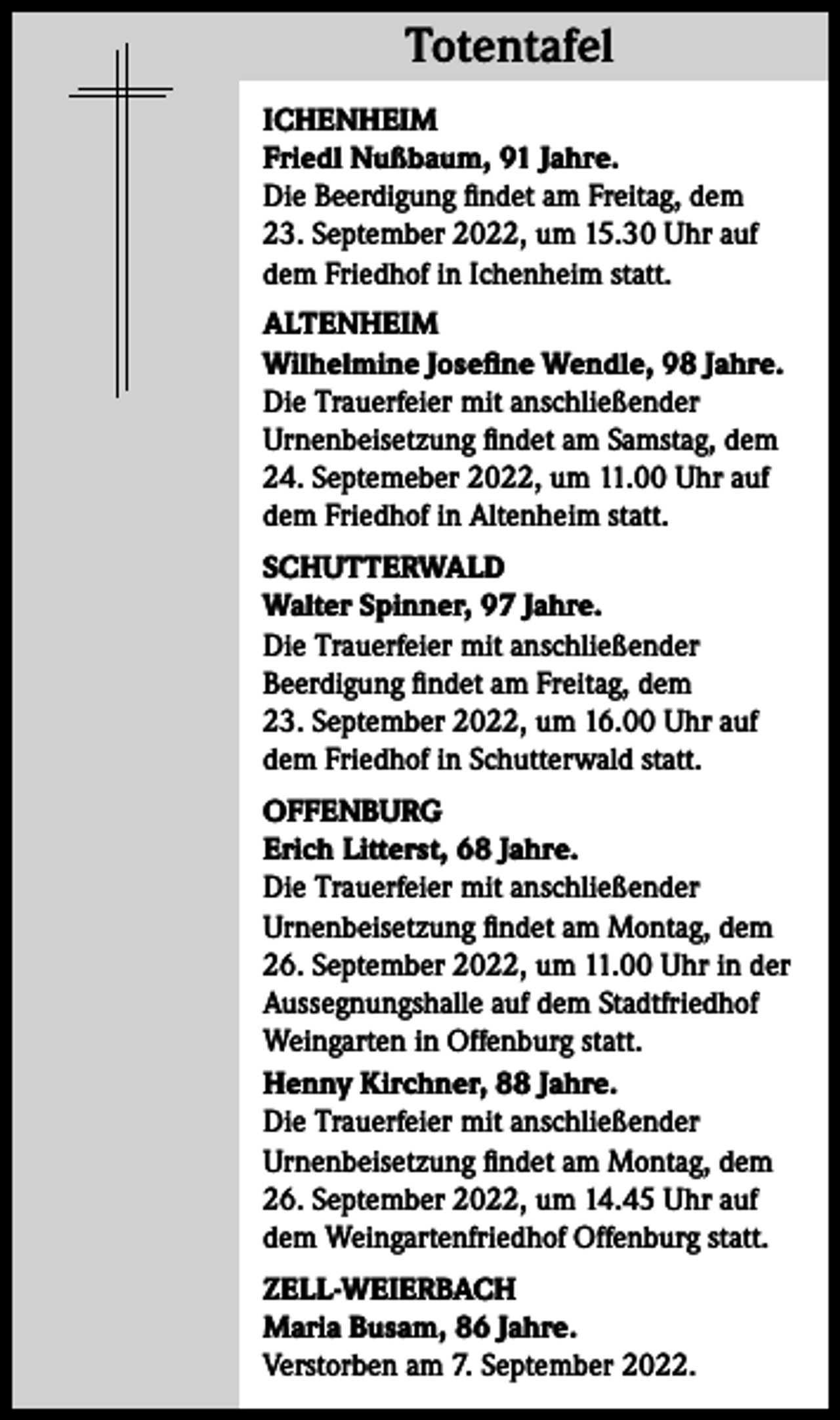 <p>Totentafel<br />Totentafel<br />ICHENHEIM<br />Friedl Nußbaum, 91 Jahre.<br />Die Beerdigung findet am Freitag, dem<br />23. September 2022, um 15.30 Uhr auf<br />dem Friedhof in Ichenheim statt.<br />ALTENHEIM<br />Wilhelmine Josefine Wendle, 98 Jahre.<br />Die Trauerfeier mit anschließender<br />Urnenbeisetzung findet am Samstag, dem<br />24. Septemeber 2022, um 11.00 Uhr auf<br />dem Friedhof in Altenheim statt.<br />SCHUTTERWALD<br />Walter Spinner, 97 Jahre.<br />Die Trauerfeier mit anschließender<br />Beerdigung findet am Freitag, dem<br />23. September 2022, um 16.00 Uhr auf<br />dem Friedhof in Schutterwald statt.<br />OFFENBURG<br />Erich Litterst, 68 Jahre.<br />Die Trauerfeier mit anschließender<br />Urnenbeisetzung findet am Montag, dem<br />26. September 2022, um 11.00 Uhr in der<br />Aussegnungshalle auf dem Stadtfriedhof<br />Weingarten in Offenburg statt.<br />Henny Kirchner, 88 Jahre.<br />Die Trauerfeier mit anschließender<br />Urnenbeisetzung findet am Montag, dem<br />26. September 2022, um 14.45 Uhr auf<br />dem Weingartenfriedhof Offenburg statt.<br />ZELL-WEIERBACH<br />Maria Busam, 86 Jahre.<br />Verstorben am 7. September 2022.</p>