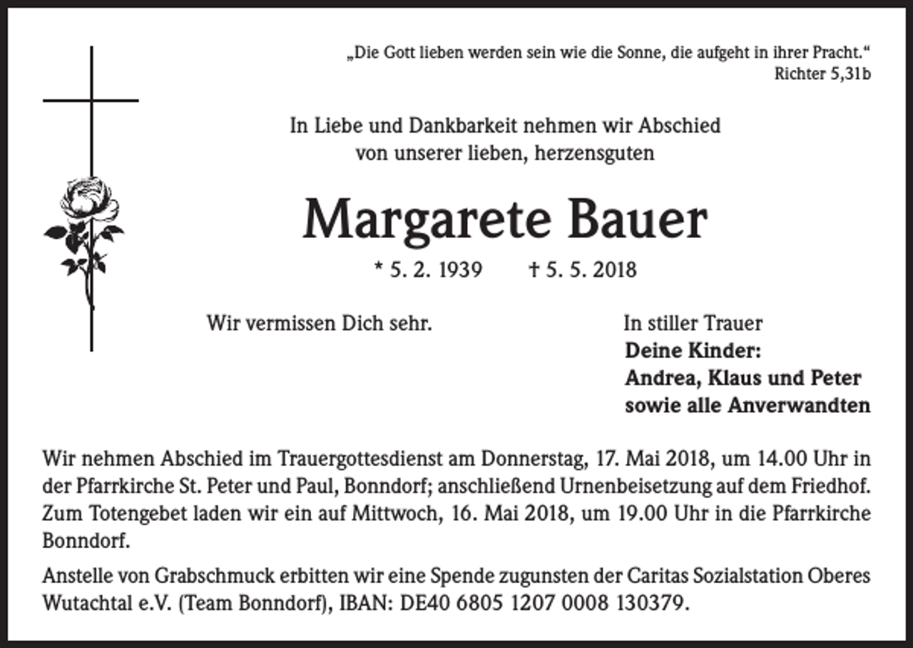 <p>„Die Gott lieben werden sein wie die Sonne, die aufgeht in ihrer Pracht.“<br />Richter 5,31b</p><p>In Liebe und Dankbarkeit nehmen wir Abschied<br />von unserer lieben, herzensguten</p><p>Margarete Bauer<br />* 5. 2. 1939 † 5. 5. 2018</p><p>Wir vermissen Dich sehr.</p><p>In stiller Trauer<br />Deine Kinder:<br />Andrea, Klaus und Peter<br />sowie alle Anverwandten</p><p>Wir nehmen Abschied im Trauergottesdienst am Donnerstag, 17. Mai 2018, um 14.00 Uhr in<br />der Pfarrkirche St. Peter und Paul, Bonndorf; anschließend Urnenbeisetzung auf dem Friedhof.<br />Zum Totengebet laden wir ein auf Mittwoch, 16. Mai 2018, um 19.00 Uhr in die Pfarrkirche<br />Bonndorf.<br />Anstelle von Grabschmuck erbitten wir eine Spende zugunsten der Caritas Sozialstation Oberes<br />Wutachtal e.V. (Team Bonndorf), IBAN: DE40 6805 1207 0008 130379.</p>