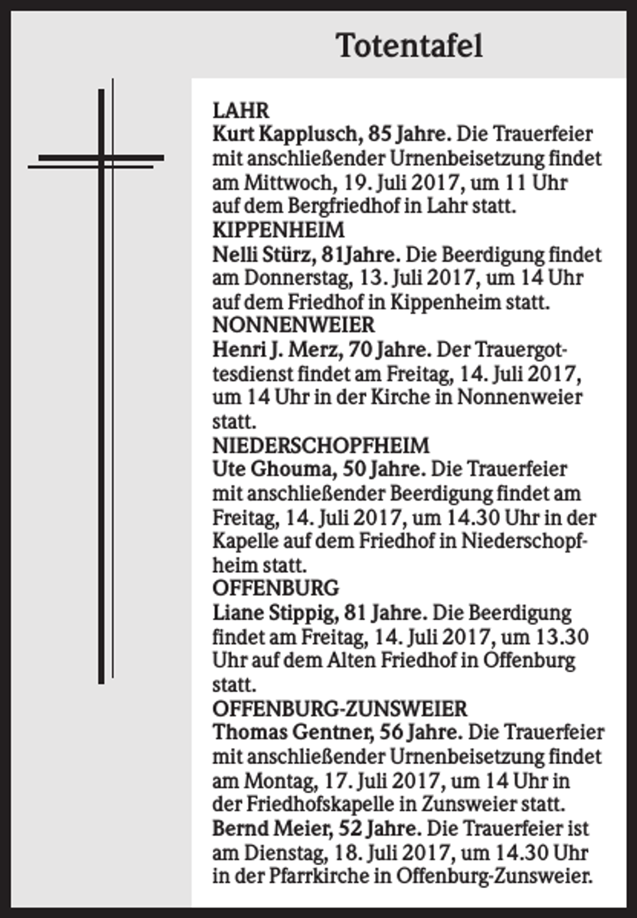 <p>Totentafel<br />LAHR<br />Kurt Kapplusch, 85 Jahre. Die Trauerfeier<br />mit anschließender Urnenbeisetzung findet<br />am Mittwoch, 19. Juli 2017, um 11 Uhr<br />auf dem Bergfriedhof in Lahr statt.<br />KIPPENHEIM<br />Nelli Stürz, 81Jahre. Die Beerdigung findet<br />am Donnerstag, 13. Juli 2017, um 14 Uhr<br />auf dem Friedhof in Kippenheim statt.<br />NONNENWEIER<br />Henri J. Merz, 70 Jahre. Der Trauergottesdienst findet am Freitag, 14. Juli 2017,<br />um 14 Uhr in der Kirche in Nonnenweier<br />statt.<br />NIEDERSCHOPFHEIM<br />Ute Ghouma, 50 Jahre. Die Trauerfeier<br />mit anschließender Beerdigung findet am<br />Freitag, 14. Juli 2017, um 14.30 Uhr in der<br />Kapelle auf dem Friedhof in Niederschopfheim statt.<br />OFFENBURG<br />Liane Stippig, 81 Jahre. Die Beerdigung<br />findet am Freitag, 14. Juli 2017, um 13.30<br />Uhr auf dem Alten Friedhof in Offenburg<br />statt.<br />OFFENBURG-ZUNSWEIER<br />Thomas Gentner, 56 Jahre. Die Trauerfeier<br />mit anschließender Urnenbeisetzung findet<br />am Montag, 17. Juli 2017, um 14 Uhr in<br />der Friedhofskapelle in Zunsweier statt.<br />Bernd Meier, 52 Jahre. Die Trauerfeier ist<br />am Dienstag, 18. Juli 2017, um 14.30 Uhr<br />in der Pfarrkirche in Offenburg-Zunsweier.</p>