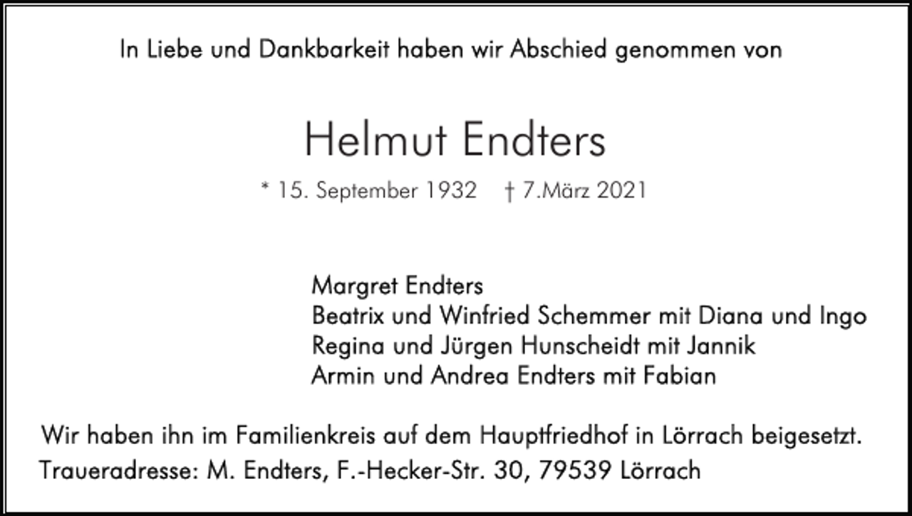 <p>Helmut Endters<br />* 15. September 1932</p><p>† 7.März 2021</p>