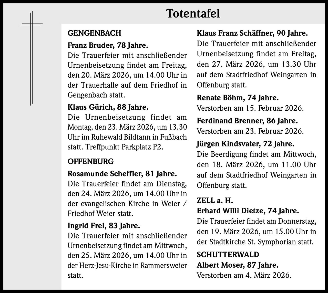 Totentafel
GENGENBACH
Franz Bruder, 78 Jahre.
Die Trauerfeier mit anschließender
Urnenbeisetzung findet am Freitag,
den 20. März 2026, um 14.00 Uhr in
der Trauerhalle auf dem Friedhof in
Gengenbach statt.
Klaus Gürich, 88 Jahre.
Die Urnenbeisetzung findet am
Montag, den 23. März 2026, um 13.30
Uhr im Ruhewald Bildtann in Fußbach
statt. Treffpunkt Parkplatz P2.
OFFENBURG
Rosamunde Scheffler, 81 Jahre.
Die Trauerfeier findet am Dienstag,
den 24. März 2026, um 14.00 Uhr in
der evangelischen Kirche in Weier /
Friedhof Weier statt.
Ingrid Frei, 83 Jahre.
Die Trauerfeier mit anschließender
Urnenbeisetzung findet am Mittwoch,
den 25. März 2026, um 14.00 Uhr in
der Herz-Jesu-Kirche in Rammersweier
statt.

Klaus Franz Schäffner, 90 Jahre.
Die Trauerfeier mit anschließender
Urnenbeisetzung findet am Freitag,
den 27. März 2026, um 13.30 Uhr
auf dem Stadtfriedhof Weingarten in
Offenburg statt.
Renate Böhm, 74 Jahre.
Verstorben am 15. Februar 2026.
Ferdinand Brenner, 86 Jahre.
Verstorben am 23. Februar 2026.
Jürgen Kindsvater, 72 Jahre.
Die Beerdigung findet am Mittwoch,
den 18. März 2026, um 11.00 Uhr
auf dem Stadtfriedhof Weingarten in
Offenburg statt.
ZELL a. H.
Erhard Willi Dietze, 74 Jahre.
Die Trauerfeier findet am Donnerstag,
den 19. März 2026, um 15.00 Uhr in
der Stadtkirche St. Symphorian statt.
SCHUTTERWALD
Albert Moser, 87 Jahre.
Verstorben am 4. März 2026.