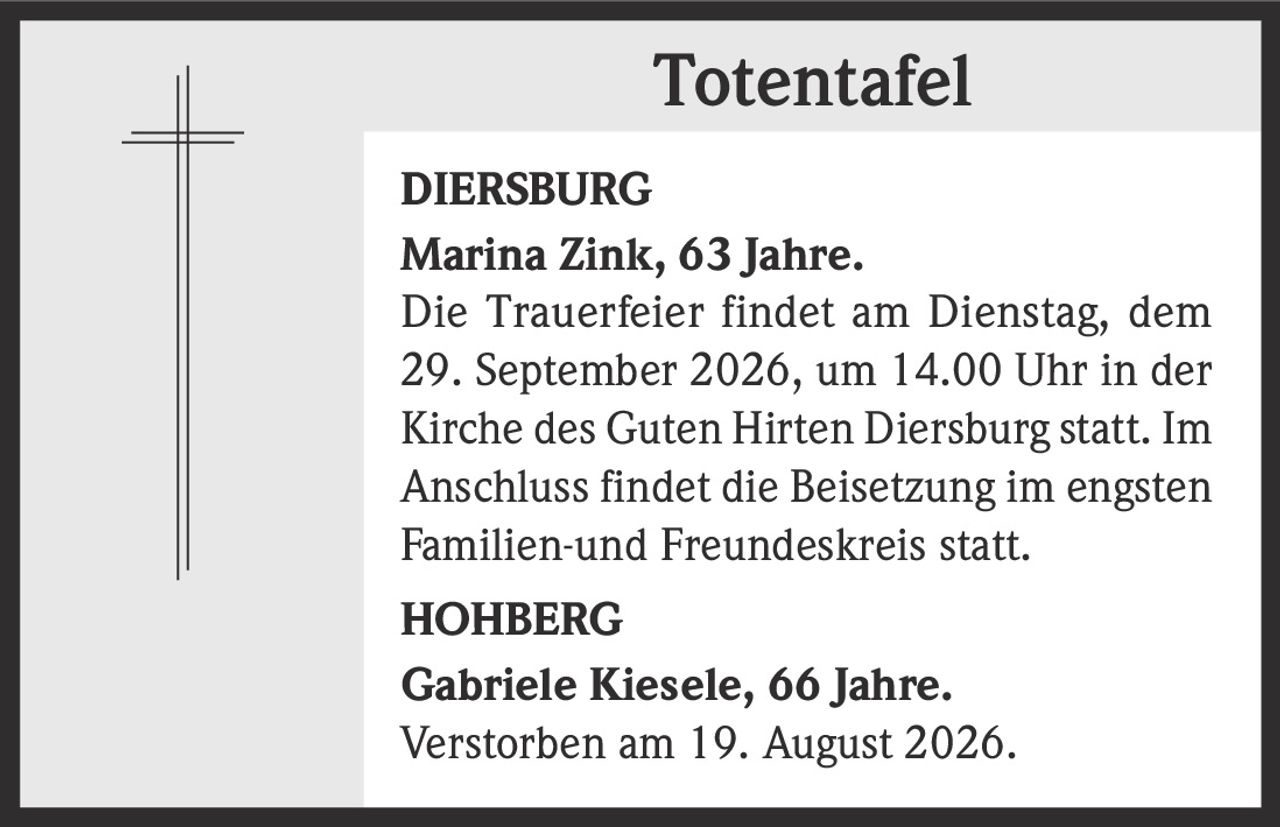 <p><strong>DIERSBURG</strong></p><p><strong>Marina Zink, 63 Jahre.</strong></p><p>Die Trauerfeier findet am Dienstag, dem 29. September 2026, um 14.00 Uhr in der Kirche des Guten Hirten Diersburg statt. Im Anschluss findet die Beisetzung im engsten Familien-und Freundeskreis statt.</p>