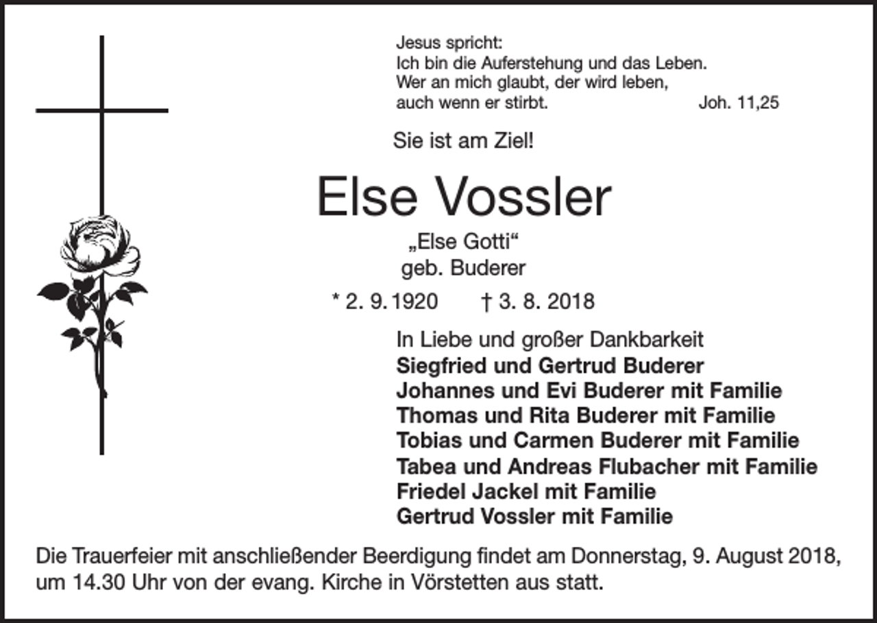<p>Jesus spricht:<br />Ich bin die Auferstehung und das Leben.<br />Wer an mich glaubt, der wird leben,<br />auch wenn er stirbt.<br />Joh. 11,25</p><p>Sie ist am Ziel!</p><p>Else Vossler<br />„Else Gotti“<br />geb. Buderer<br />* 2. 9. 1920 † 3. 8. 2018<br />In Liebe und großer Dankbarkeit<br />Siegfried und Gertrud Buderer<br />Johannes und Evi Buderer mit Familie<br />Thomas und Rita Buderer mit Familie<br />Tobias und Carmen Buderer mit Familie<br />Tabea und Andreas Flubacher mit Familie<br />Friedel Jackel mit Familie<br />Gertrud Vossler mit Familie<br />Die Trauerfeier mit anschließender Beerdigung findet am Donnerstag, 9. August 2018,<br />um 14.30 Uhr von der evang. Kirche in Vörstetten aus statt.</p>
