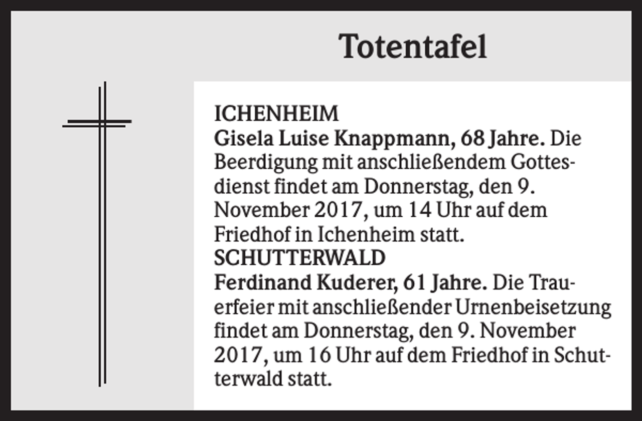 <p>Totentafel<br />ICHENHEIM<br />Gisela Luise Knappmann, 68 Jahre. Die<br />Beerdigung mit anschließendem Gottesdienst findet am Donnerstag, den 9.<br />November 2017, um 14 Uhr auf dem<br />Friedhof in Ichenheim statt.<br />SCHUTTERWALD<br />Ferdinand Kuderer, 61 Jahre. Die Trauerfeier mit anschließender Urnenbeisetzung<br />findet am Donnerstag, den 9. November<br />2017, um 16 Uhr auf dem Friedhof in Schutterwald statt.</p>