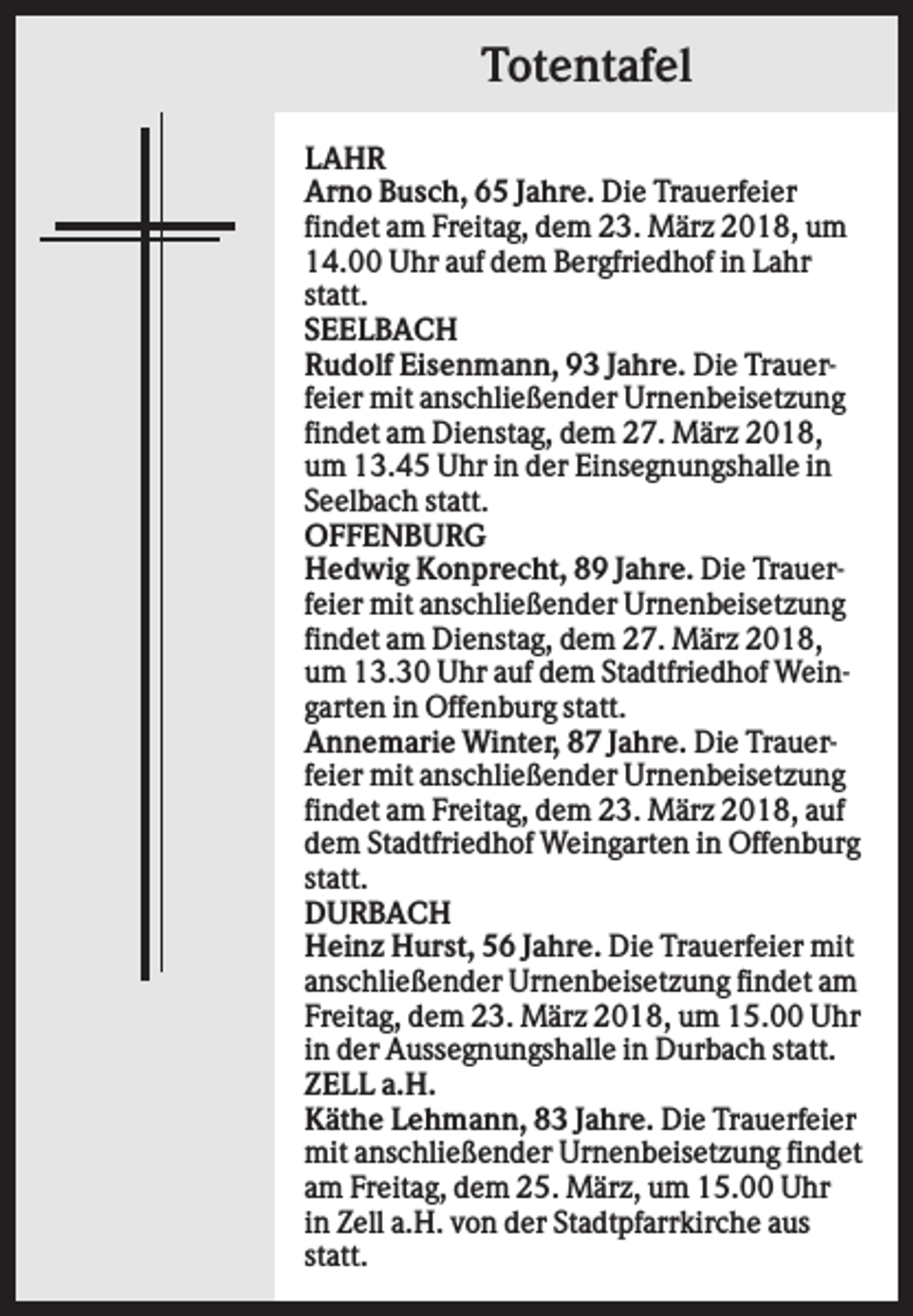 <p>Totentafel<br />LAHR<br />Arno Busch, 65 Jahre. Die Trauerfeier<br />findet am Freitag, dem 23. März 2018, um<br />14.00 Uhr auf dem Bergfriedhof in Lahr<br />statt.<br />SEELBACH<br />Rudolf Eisenmann, 93 Jahre. Die Trauerfeier mit anschließender Urnenbeisetzung<br />findet am Dienstag, dem 27. März 2018,<br />um 13.45 Uhr in der Einsegnungshalle in<br />Seelbach statt.<br />OFFENBURG<br />Hedwig Konprecht, 89 Jahre. Die Trauerfeier mit anschließender Urnenbeisetzung<br />findet am Dienstag, dem 27. März 2018,<br />um 13.30 Uhr auf dem Stadtfriedhof Weingarten in Offenburg statt.<br />Annemarie Winter, 87 Jahre. Die Trauerfeier mit anschließender Urnenbeisetzung<br />findet am Freitag, dem 23. März 2018, auf<br />dem Stadtfriedhof Weingarten in Offenburg<br />statt.<br />DURBACH<br />Heinz Hurst, 56 Jahre. Die Trauerfeier mit<br />anschließender Urnenbeisetzung findet am<br />Freitag, dem 23. März 2018, um 15.00 Uhr<br />in der Aussegnungshalle in Durbach statt.<br />ZELL a.H.<br />Käthe Lehmann, 83 Jahre. Die Trauerfeier<br />mit anschließender Urnenbeisetzung findet<br />am Freitag, dem 25. März, um 15.00 Uhr<br />in Zell a.H. von der Stadtpfarrkirche aus<br />statt.</p>