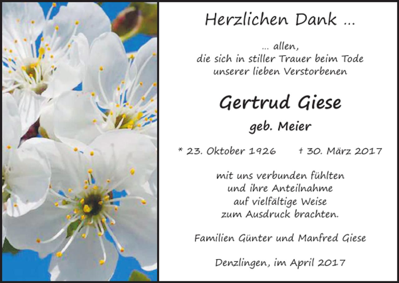 <p>Herzlichen Dank …<br />… allen,<br />die sich in stiller Trauer beim Tode<br />unserer lieben Verstorbenen</p><p>Gertrud Giese<br />geb. Meier</p><p>* 23. Oktober 1926</p><p>† 30. März 2017</p><p>mit uns verbunden fühlten<br />und ihre Anteilnahme<br />auf vielfältige Weise<br />zum Ausdruck brachten.<br />Familien Günter und Manfred Giese<br />Denzlingen, im April 2017</p>
