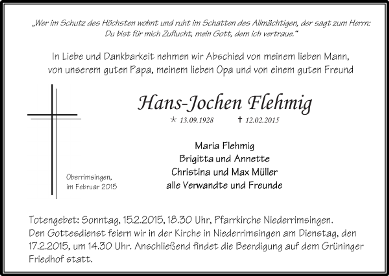 <p>Hans-Jochen Flehmig<br /> 13.09.1928</p><p> 12.02.2015</p>