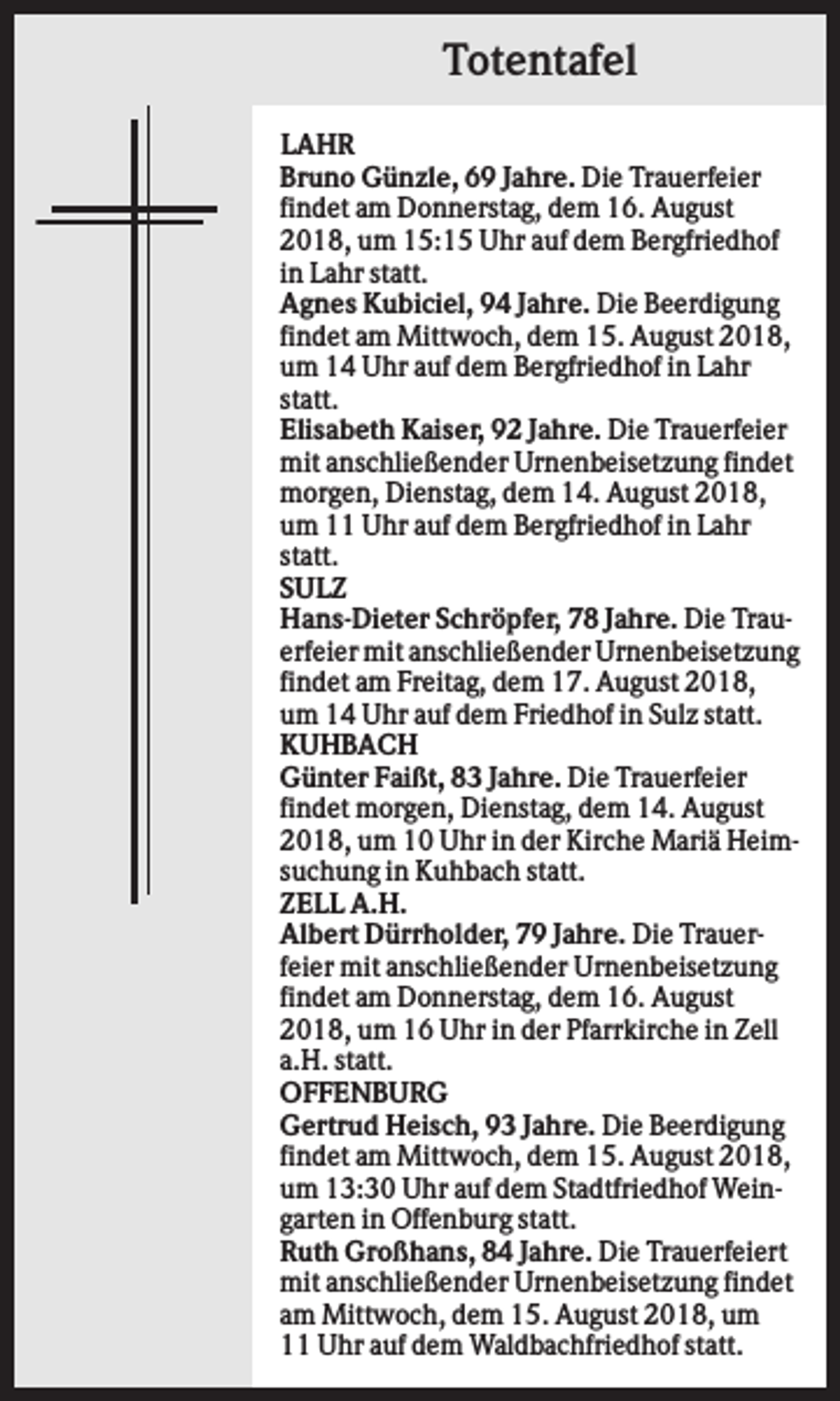 <p>Totentafel<br />LAHR<br />Bruno Günzle, 69 Jahre. Die Trauerfeier<br />findet am Donnerstag, dem 16. August<br />2018, um 15:15 Uhr auf dem Bergfriedhof<br />in Lahr statt.<br />Agnes Kubiciel, 94 Jahre. Die Beerdigung<br />findet am Mittwoch, dem 15. August 2018,<br />um 14 Uhr auf dem Bergfriedhof in Lahr<br />statt.<br />Elisabeth Kaiser, 92 Jahre. Die Trauerfeier<br />mit anschließender Urnenbeisetzung findet<br />morgen, Dienstag, dem 14. August 2018,<br />um 11 Uhr auf dem Bergfriedhof in Lahr<br />statt.<br />SULZ<br />Hans-Dieter Schröpfer, 78 Jahre. Die Trauerfeier mit anschließender Urnenbeisetzung<br />findet am Freitag, dem 17. August 2018,<br />um 14 Uhr auf dem Friedhof in Sulz statt.<br />KUHBACH<br />Günter Faißt, 83 Jahre. Die Trauerfeier<br />findet morgen, Dienstag, dem 14. August<br />2018, um 10 Uhr in der Kirche Mariä Heimsuchung in Kuhbach statt.<br />ZELL A.H.<br />Albert Dürrholder, 79 Jahre. Die Trauerfeier mit anschließender Urnenbeisetzung<br />findet am Donnerstag, dem 16. August<br />2018, um 16 Uhr in der Pfarrkirche in Zell<br />a.H. statt.<br />OFFENBURG<br />Gertrud Heisch, 93 Jahre. Die Beerdigung<br />findet am Mittwoch, dem 15. August 2018,<br />um 13:30 Uhr auf dem Stadtfriedhof Weingarten in Offenburg statt.<br />Ruth Großhans, 84 Jahre. Die Trauerfeiert<br />mit anschließender Urnenbeisetzung findet<br />am Mittwoch, dem 15. August 2018, um<br />11 Uhr auf dem Waldbachfriedhof statt.</p>